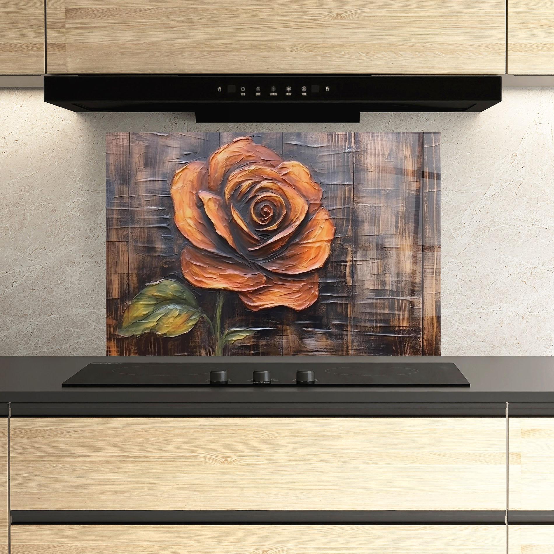 Konyhai üveg hátfal Orange Rose On Wood mockup 3