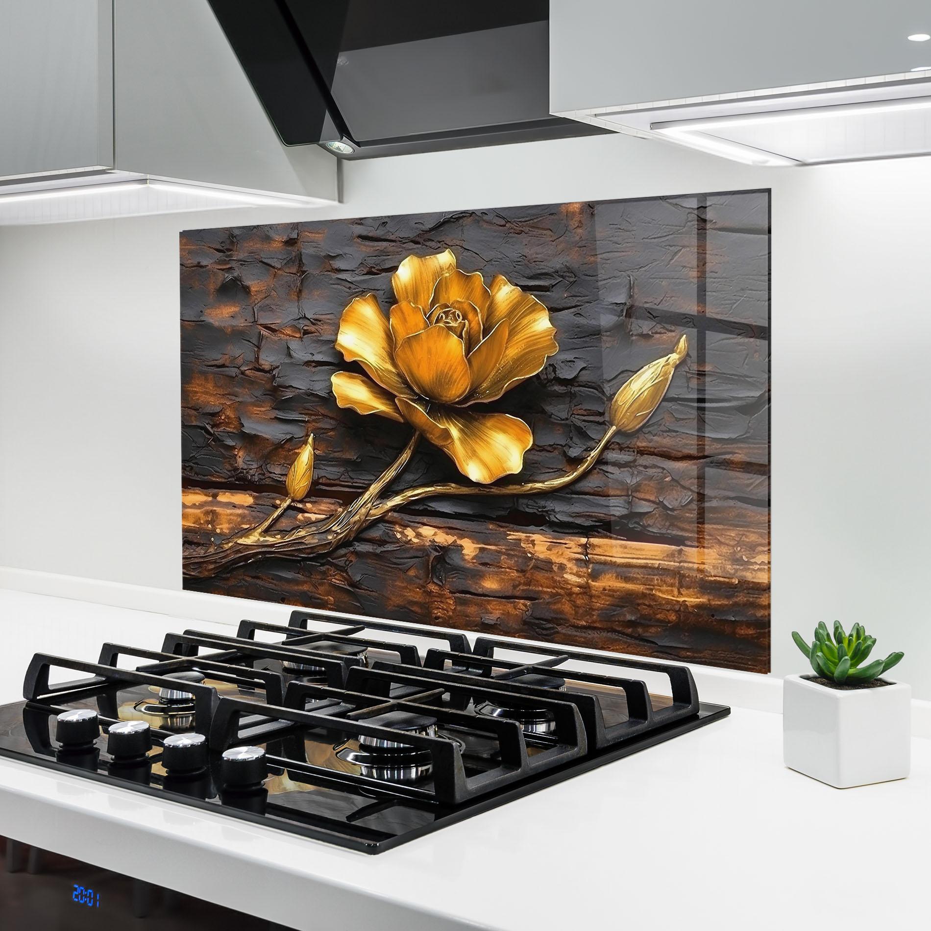 Konyhai üveg hátfal Golden Rose On Wood mockup 6