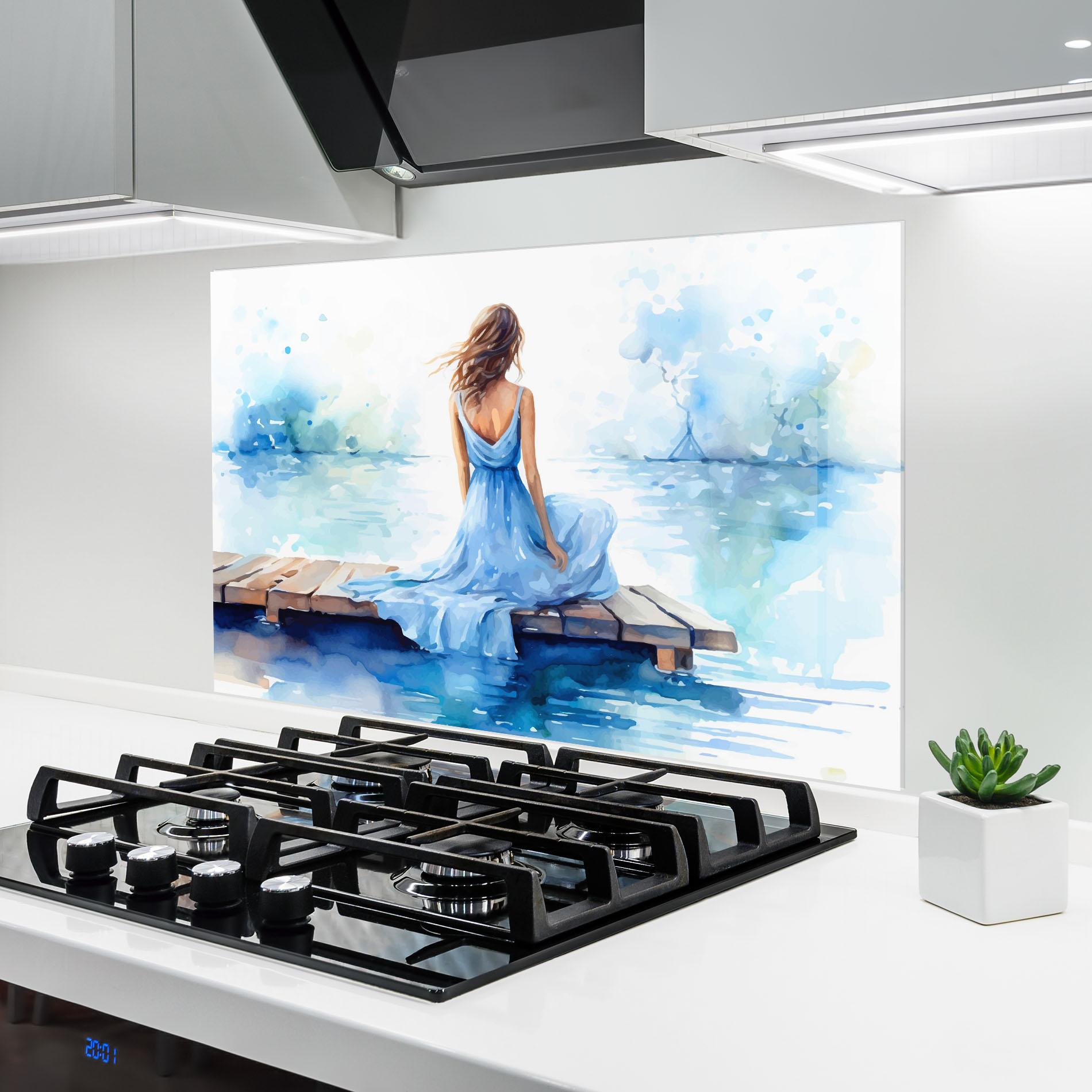 Konyhai üveg hátfal Lake Blue Woman mockup 6