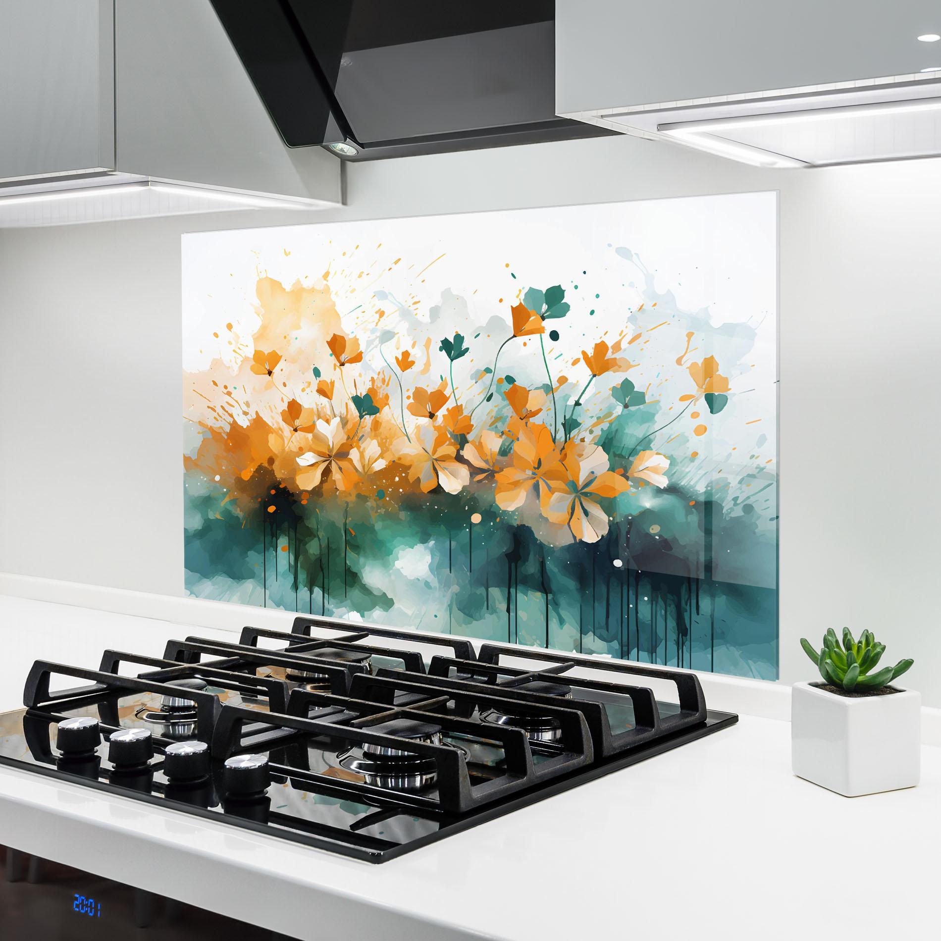 Konyhai üveg hátfal Orange Green Flowers mockup 6