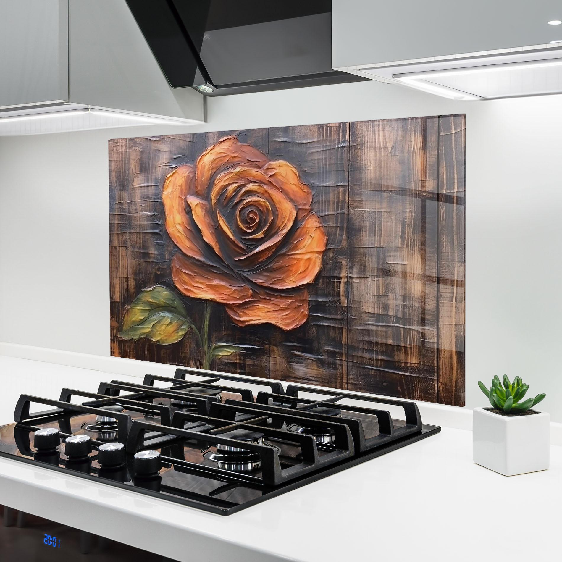 Konyhai üveg hátfal Orange Rose On Wood mockup 6