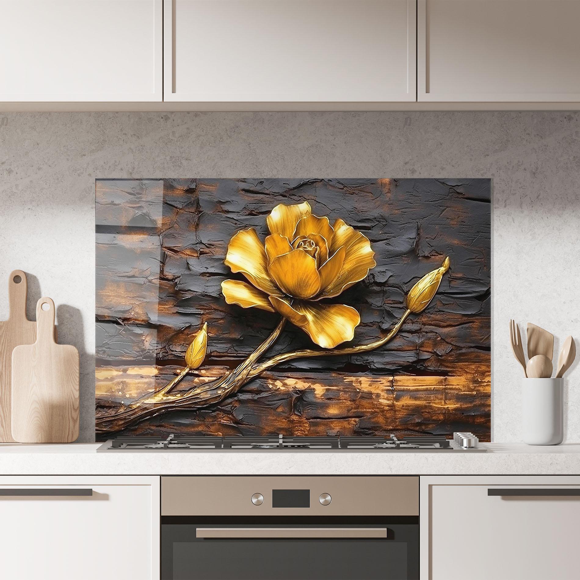 Konyhai üveg hátfal Golden Rose On Wood mockup 7