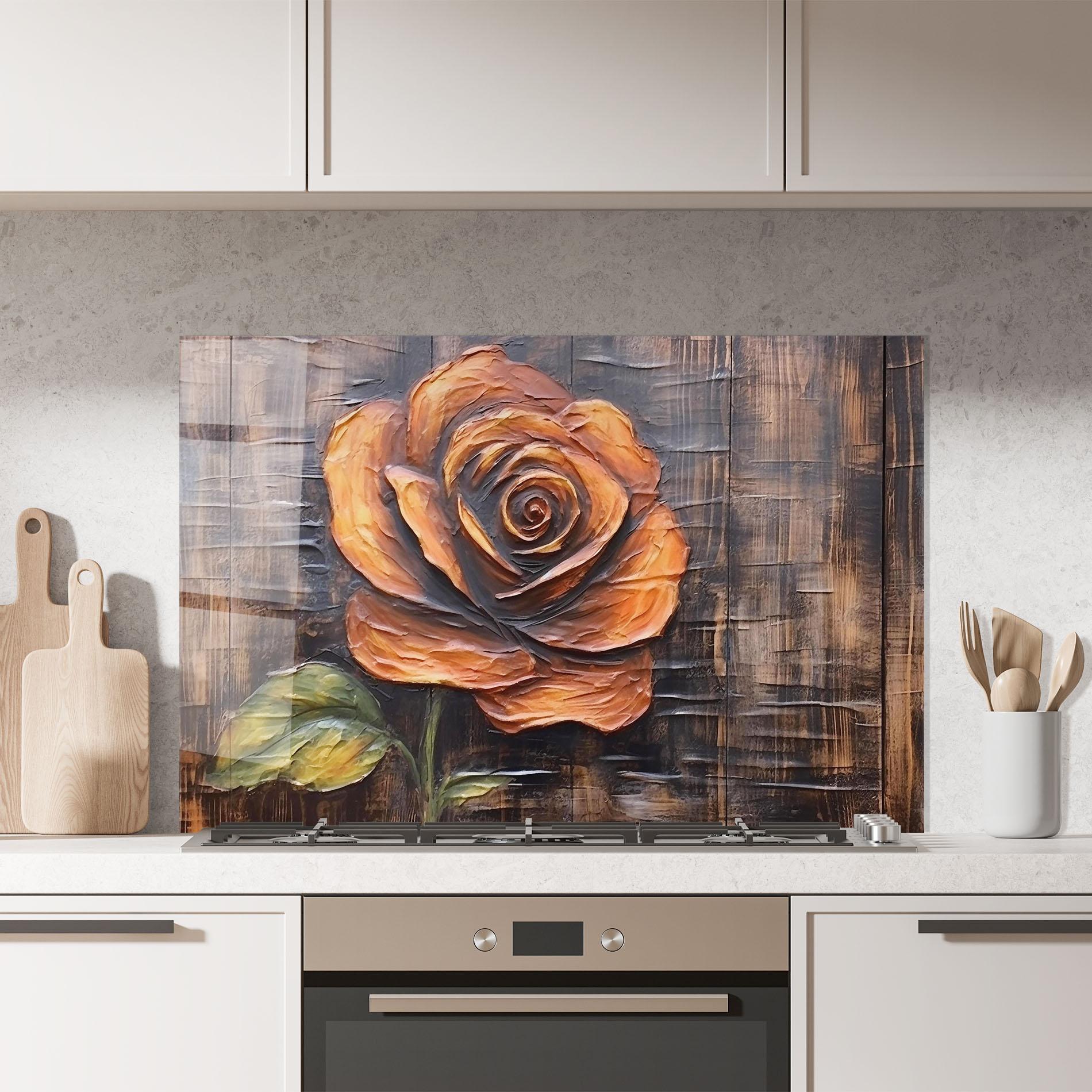 Konyhai üveg hátfal Orange Rose On Wood mockup 7