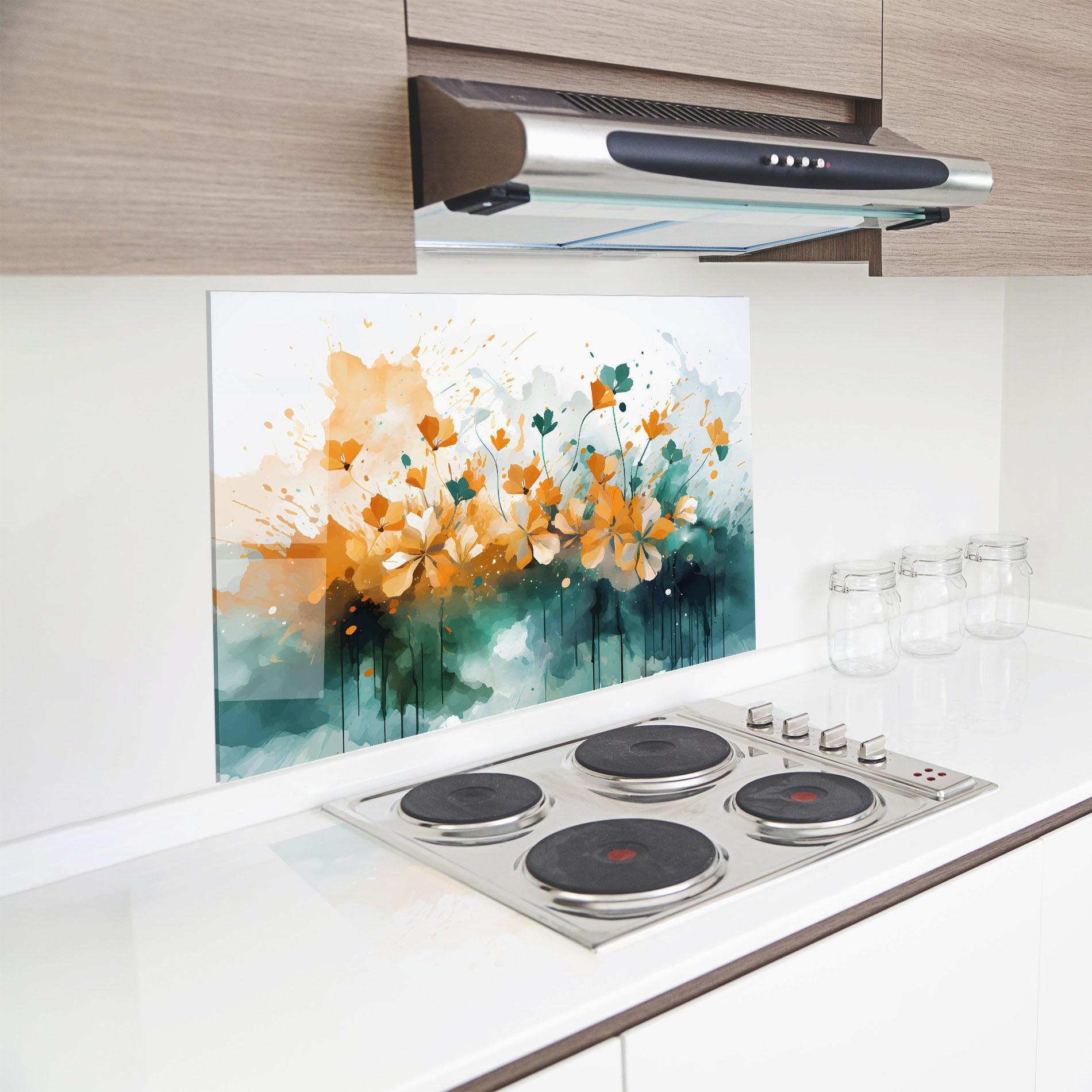 Konyhai üveg hátfal Orange Green Flowers mockup 8
