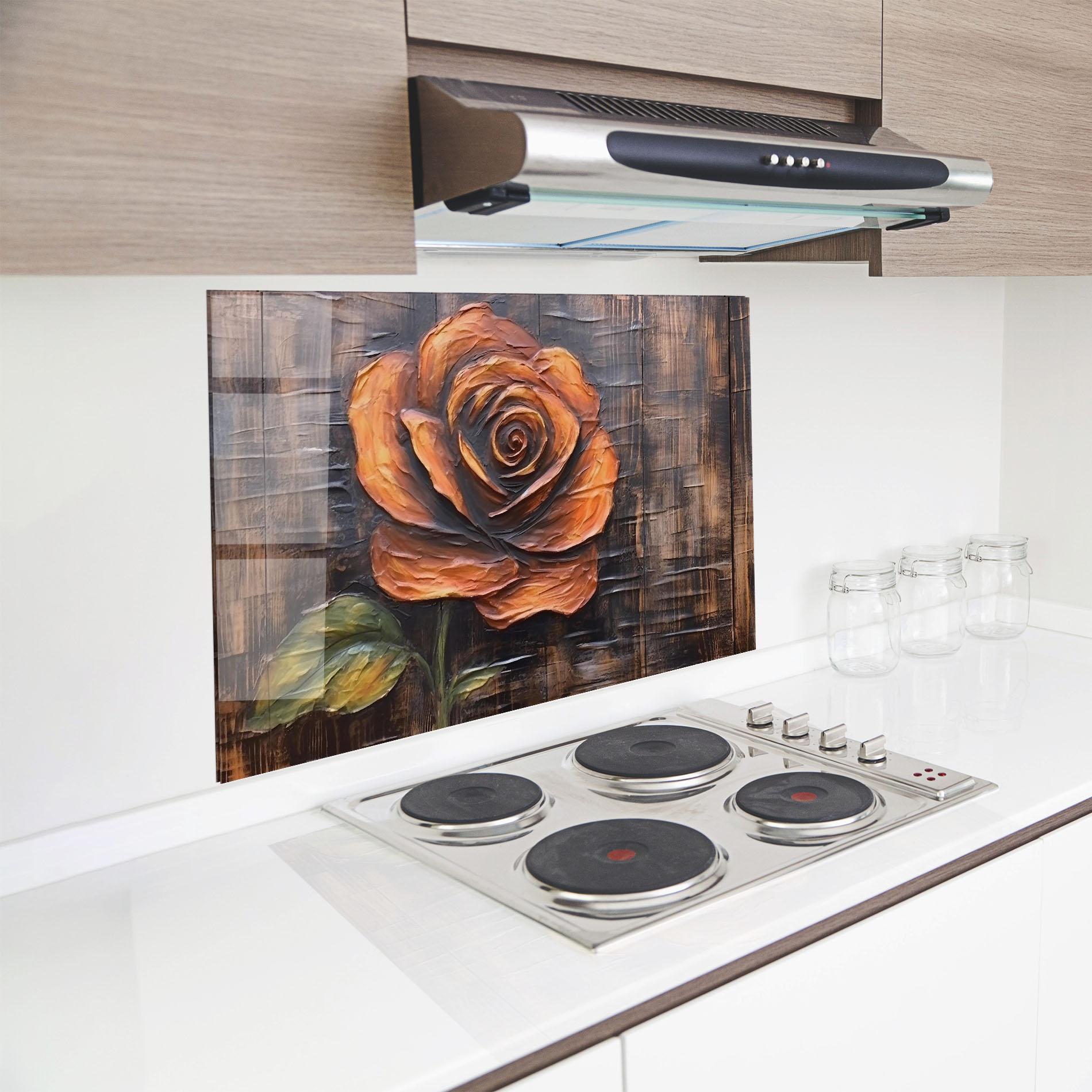 Konyhai üveg hátfal Orange Rose On Wood mockup 8