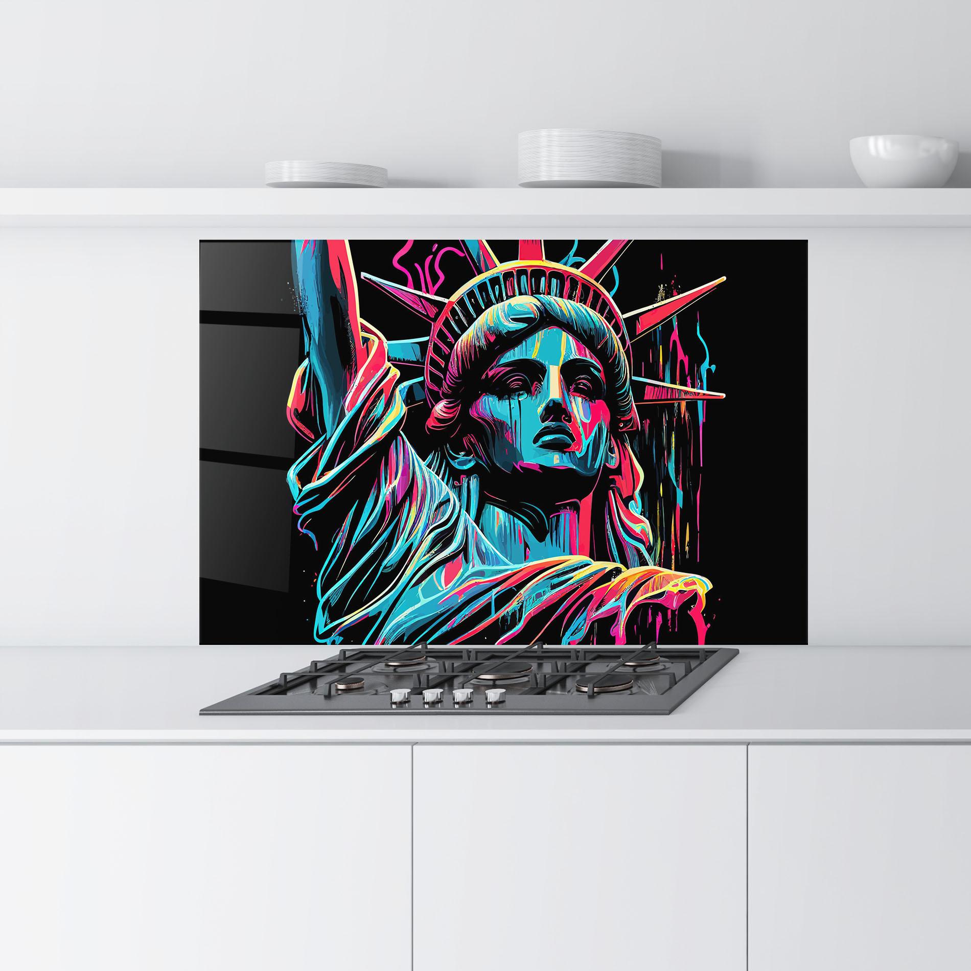 Konyhai üveg hátfal Liberty Colorful Statue mockup 9