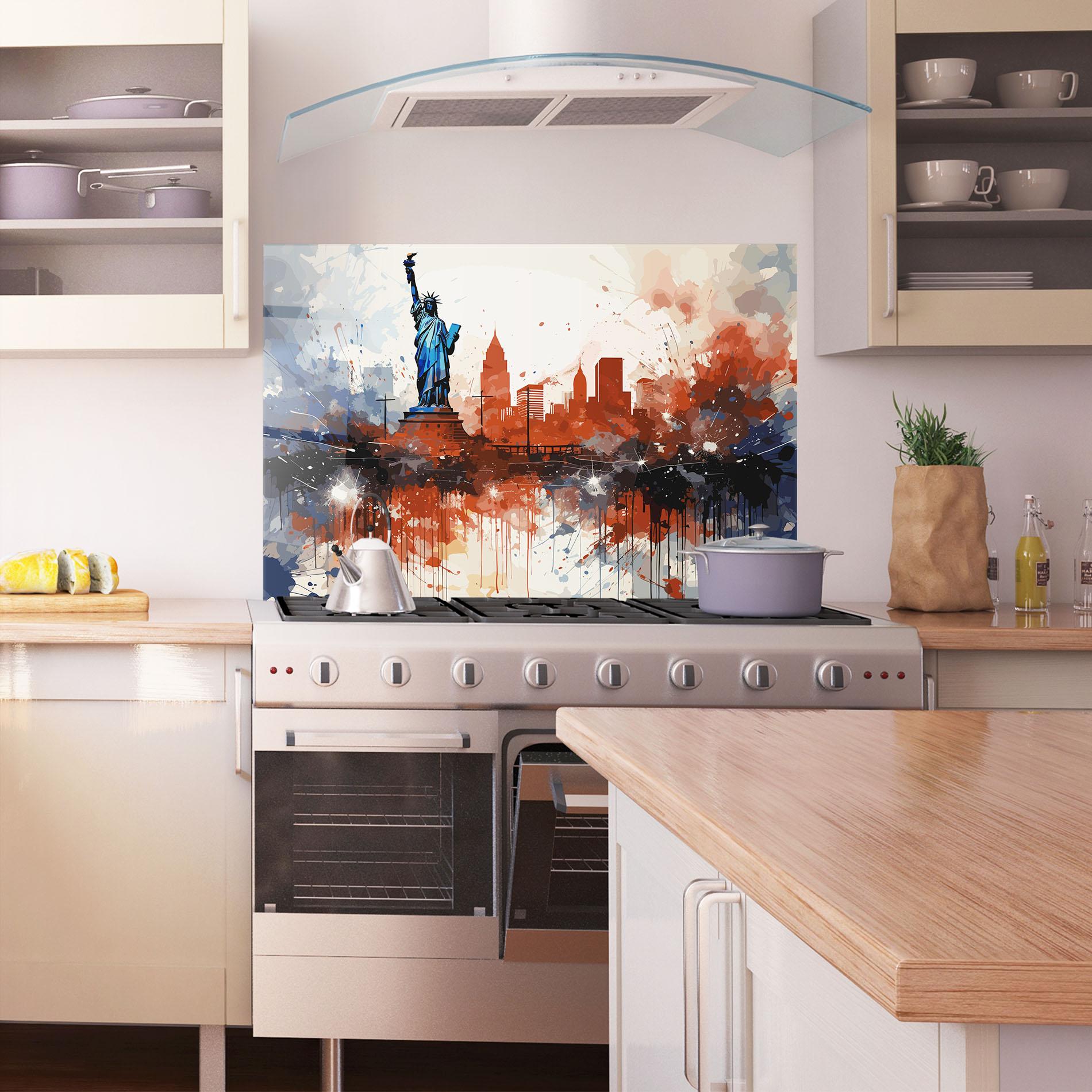 Konyhai üveg hátfal Red Blue Liberty Statue mockup 1