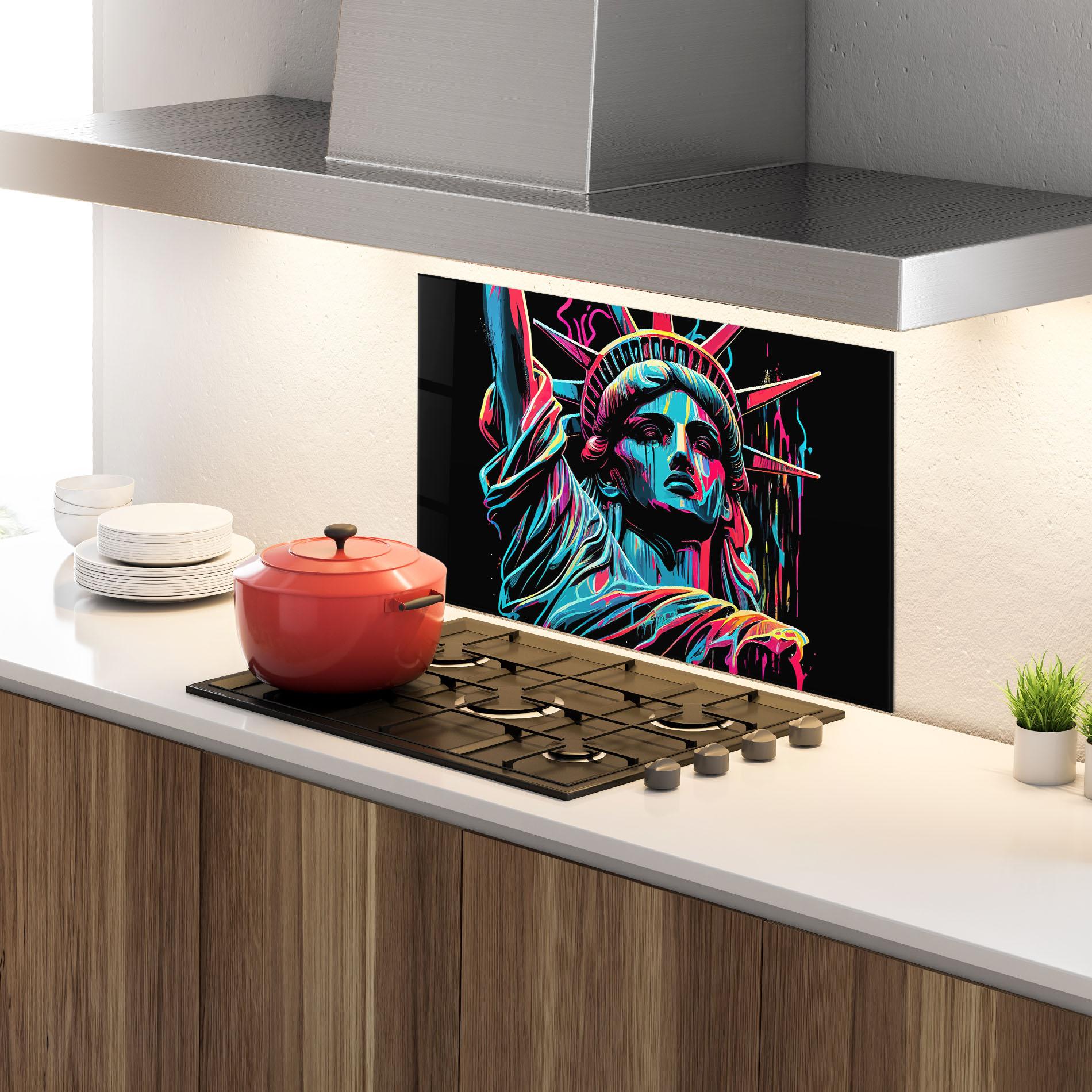 Konyhai üveg hátfal Liberty Colorful Statue mockup 4
