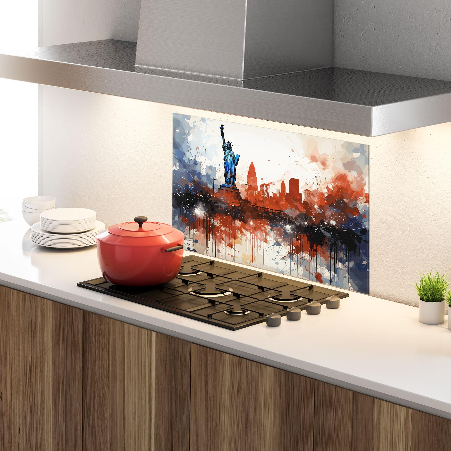 Konyhai üveg hátfal Red Blue Liberty Statue mockup 4