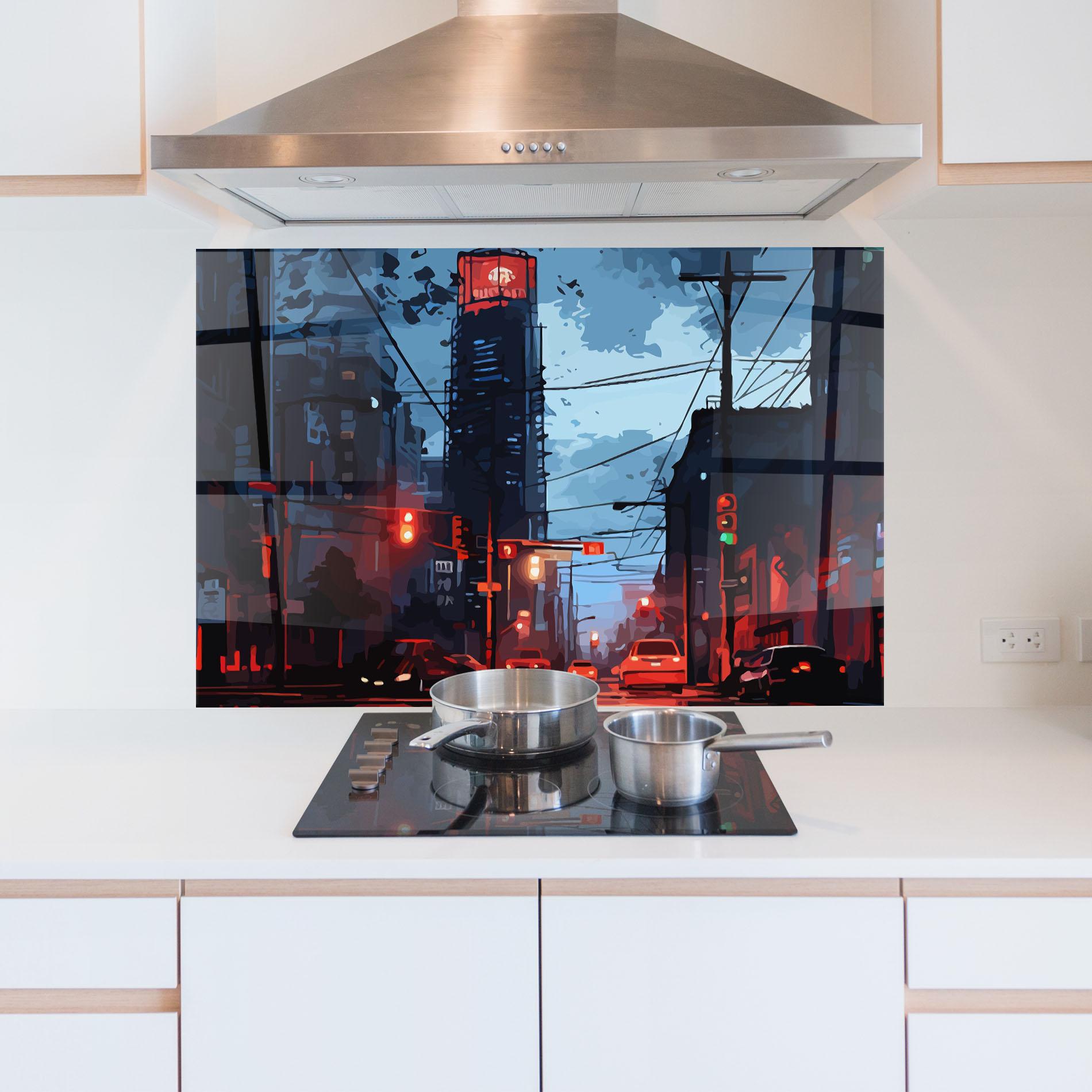 Konyhai üveg hátfal Red City Light mockup 5