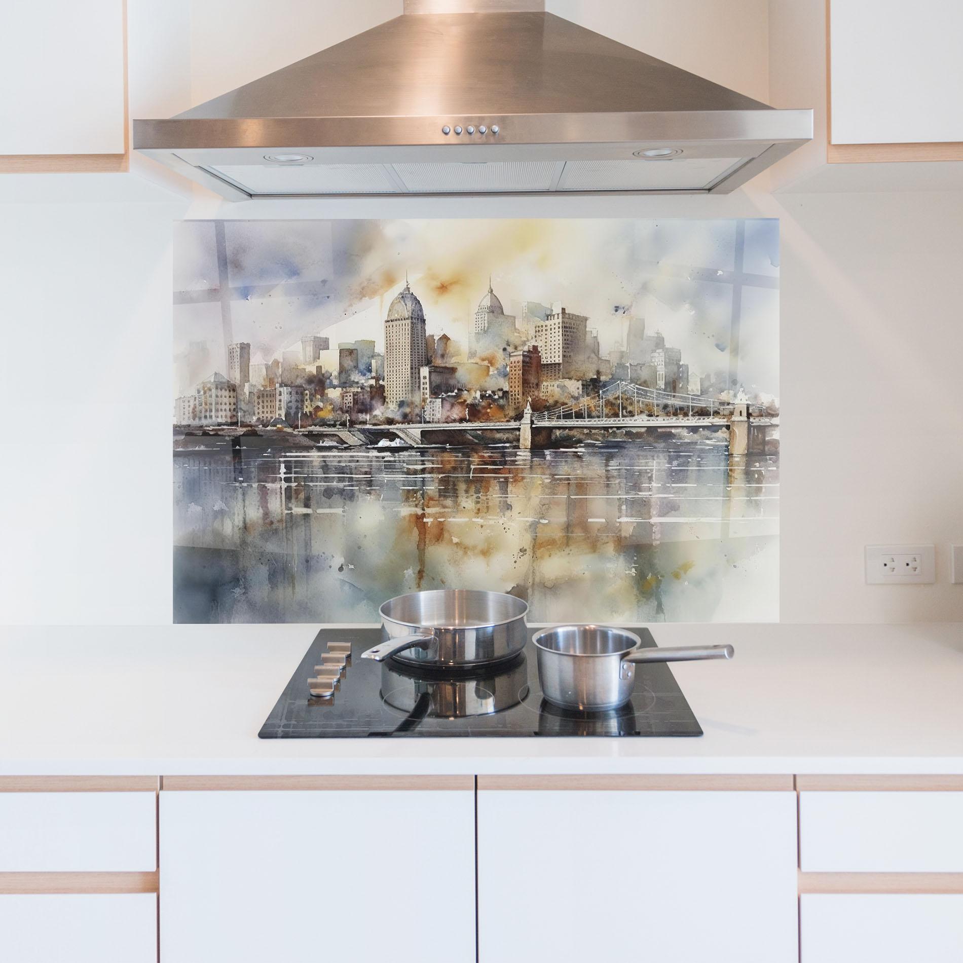 Konyhai üveg hátfal Watercolor Skyline mockup 5