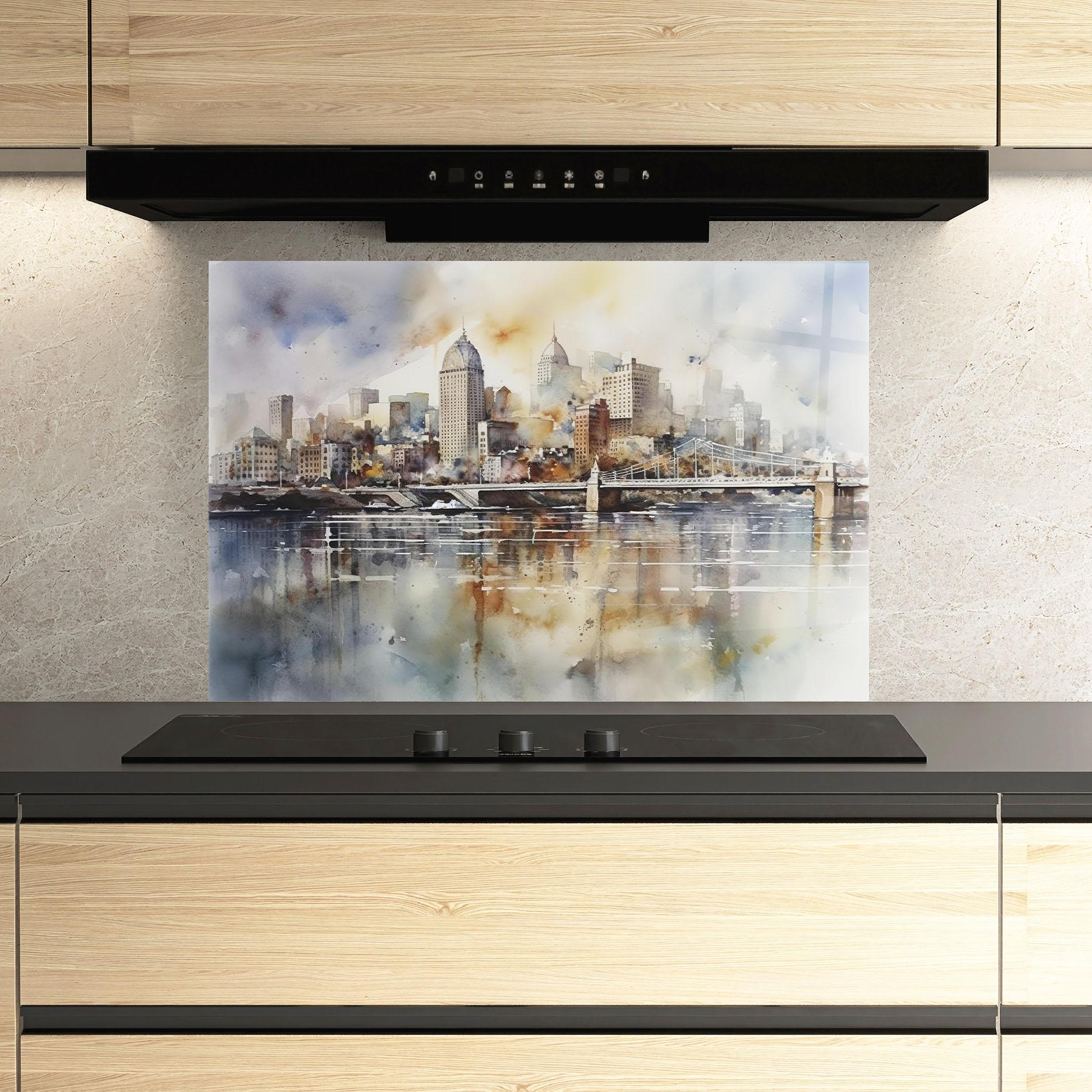 Konyhai üveg hátfal Watercolor Skyline mockup 3