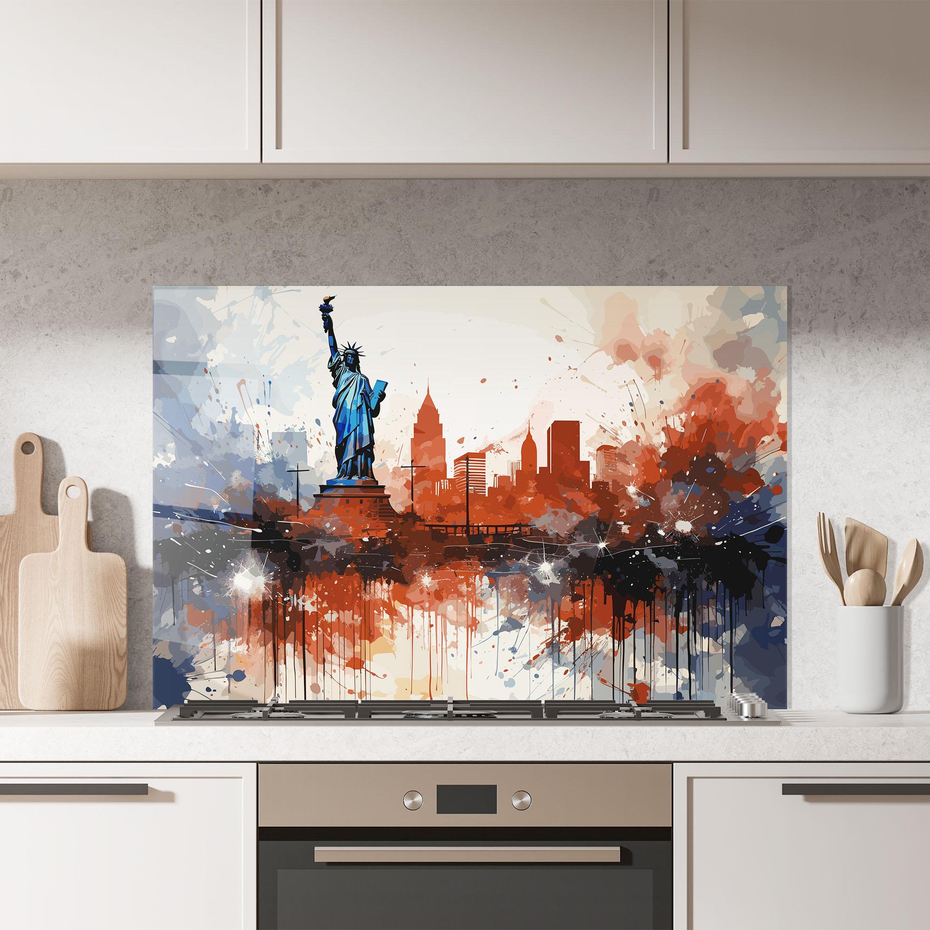 Konyhai üveg hátfal Red Blue Liberty Statue mockup 7