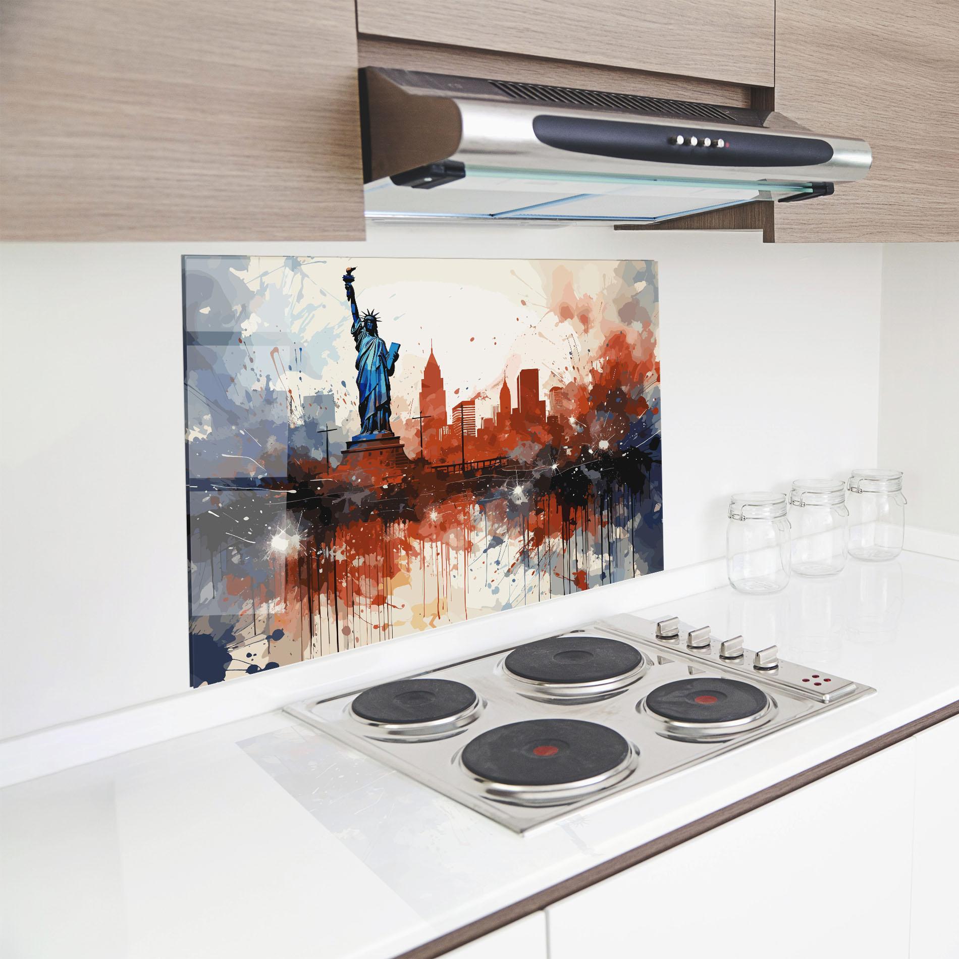 Konyhai üveg hátfal Red Blue Liberty Statue mockup 8