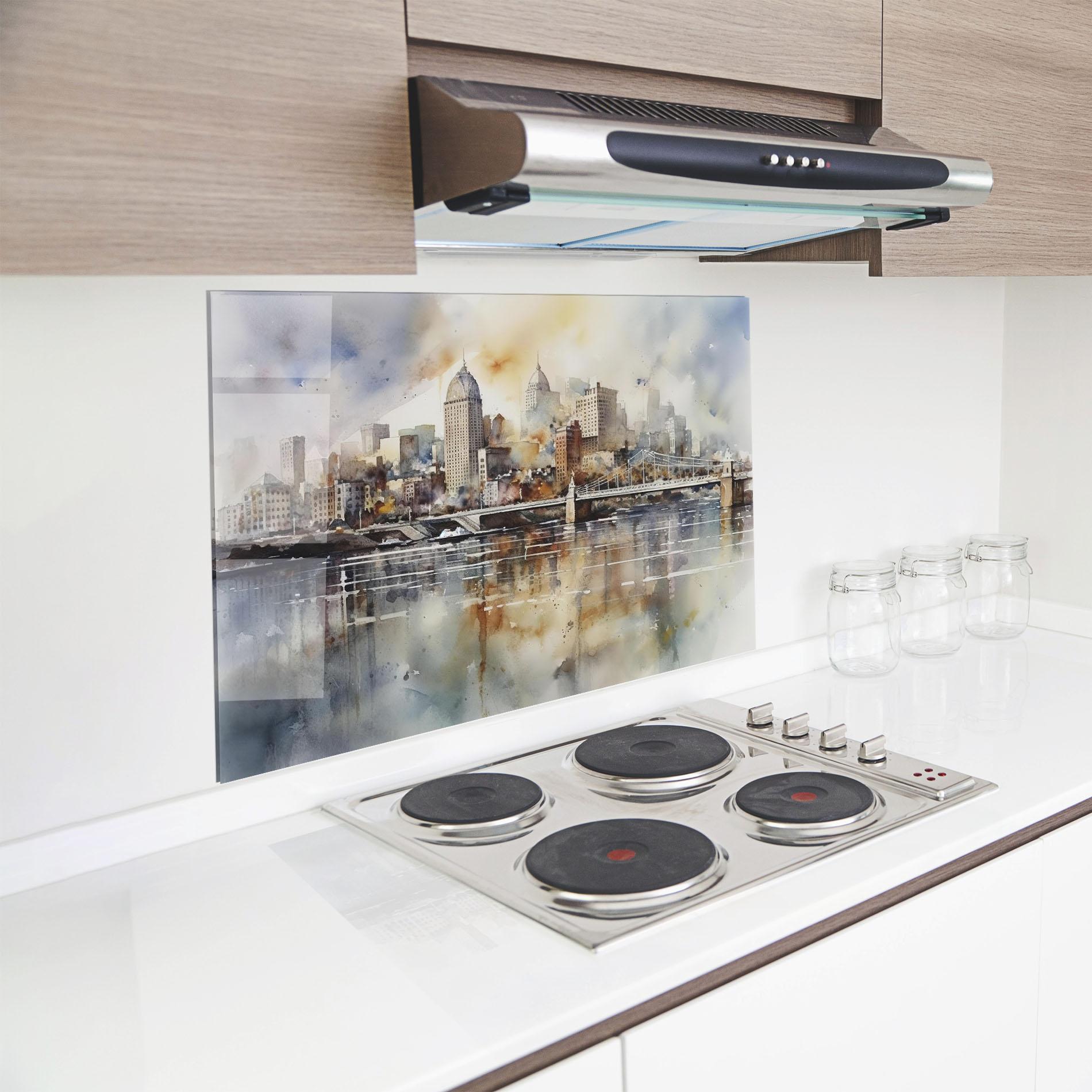 Konyhai üveg hátfal Watercolor Skyline mockup 8