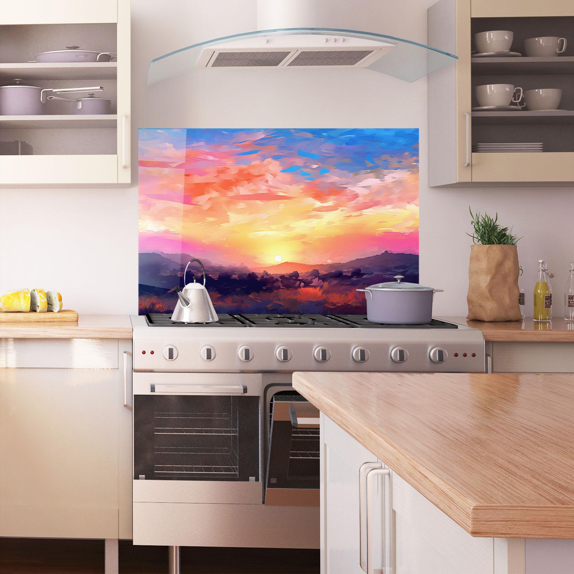 Konyhai üveg hátfal Colorful Sunset Mountains mockup 1