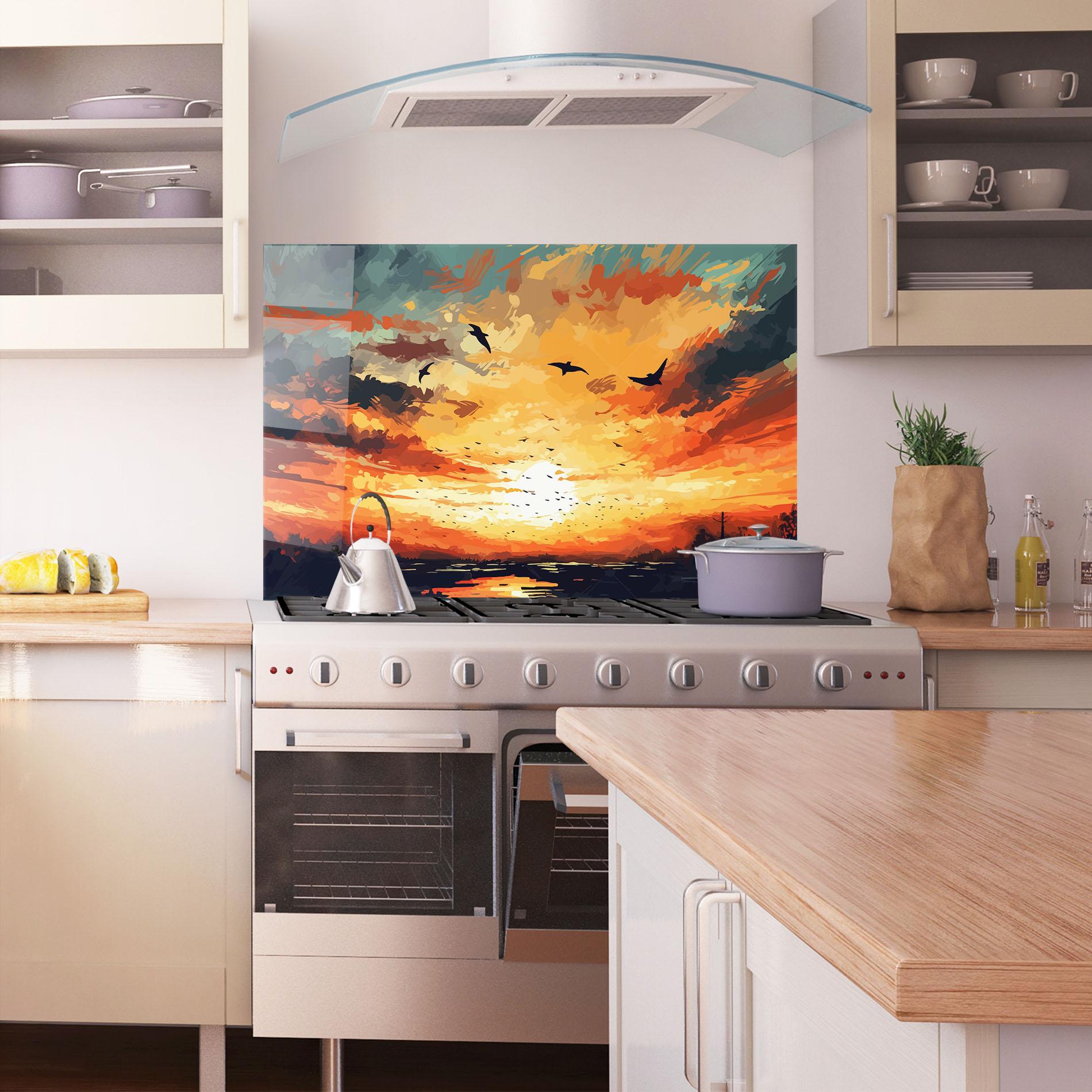 Konyhai üveg hátfal Orange Green Sunset mockup 1