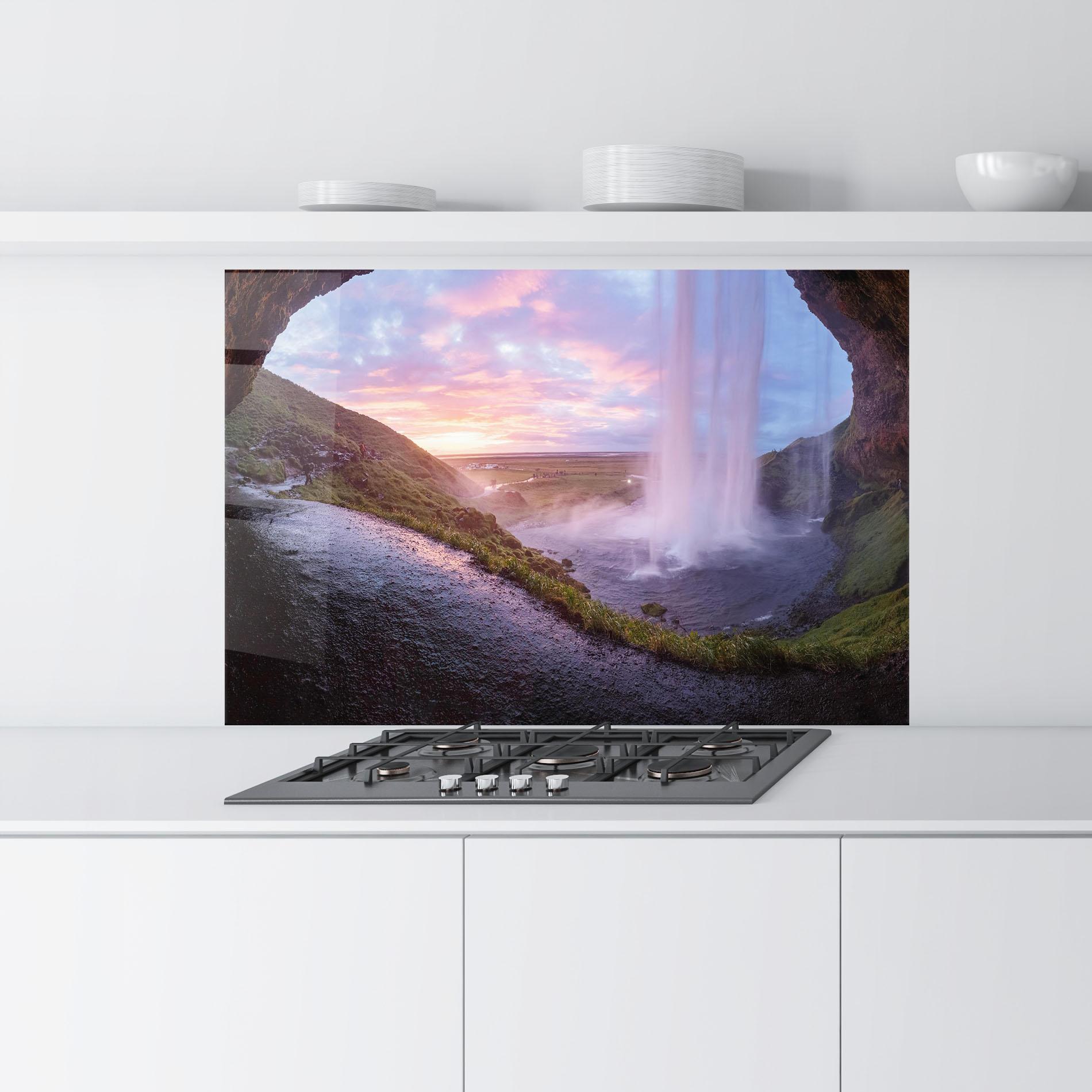 Konyhai üveg hátfal Waterfall From Cave View mockup 9