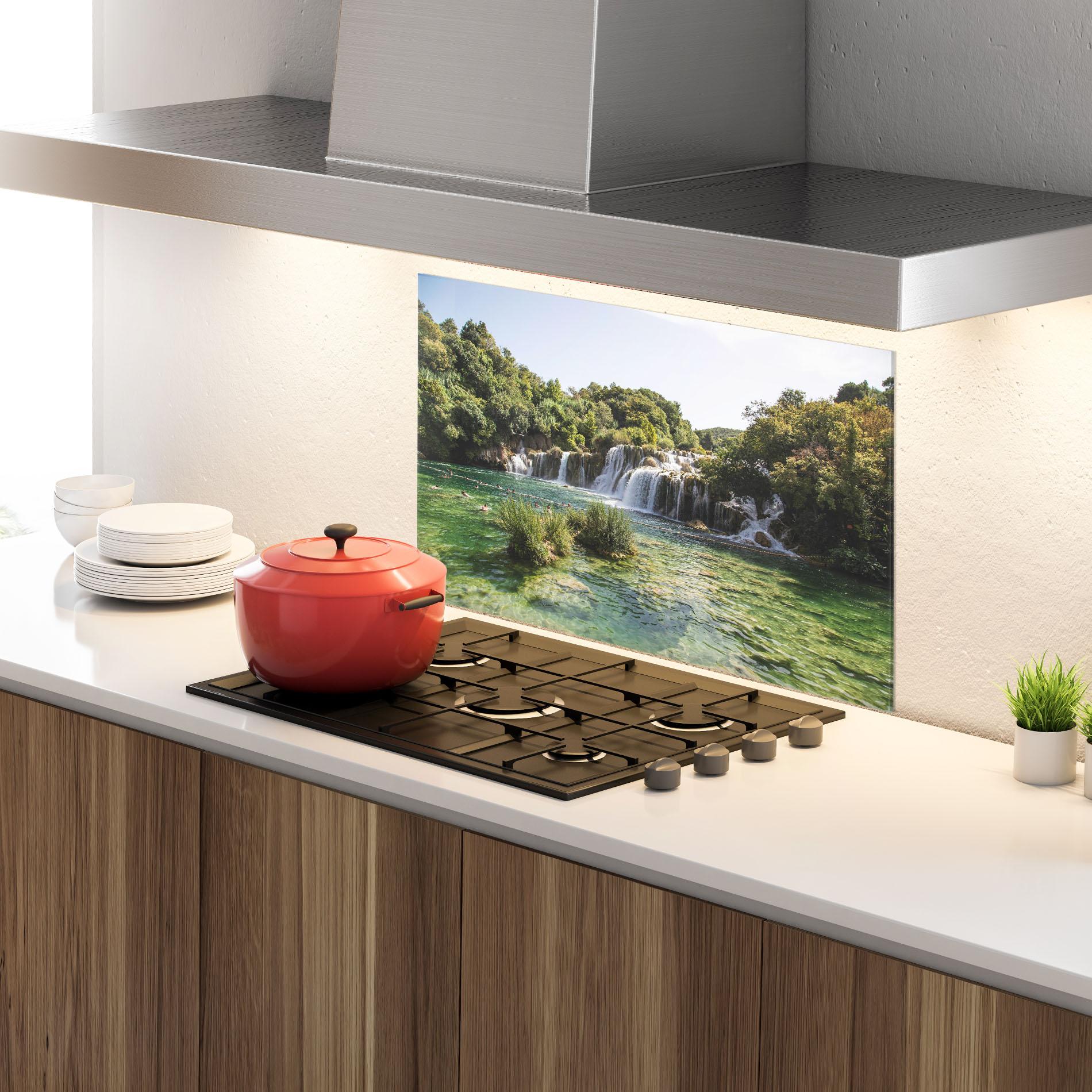 Konyhai üveg hátfal Green Waterfall mockup 4