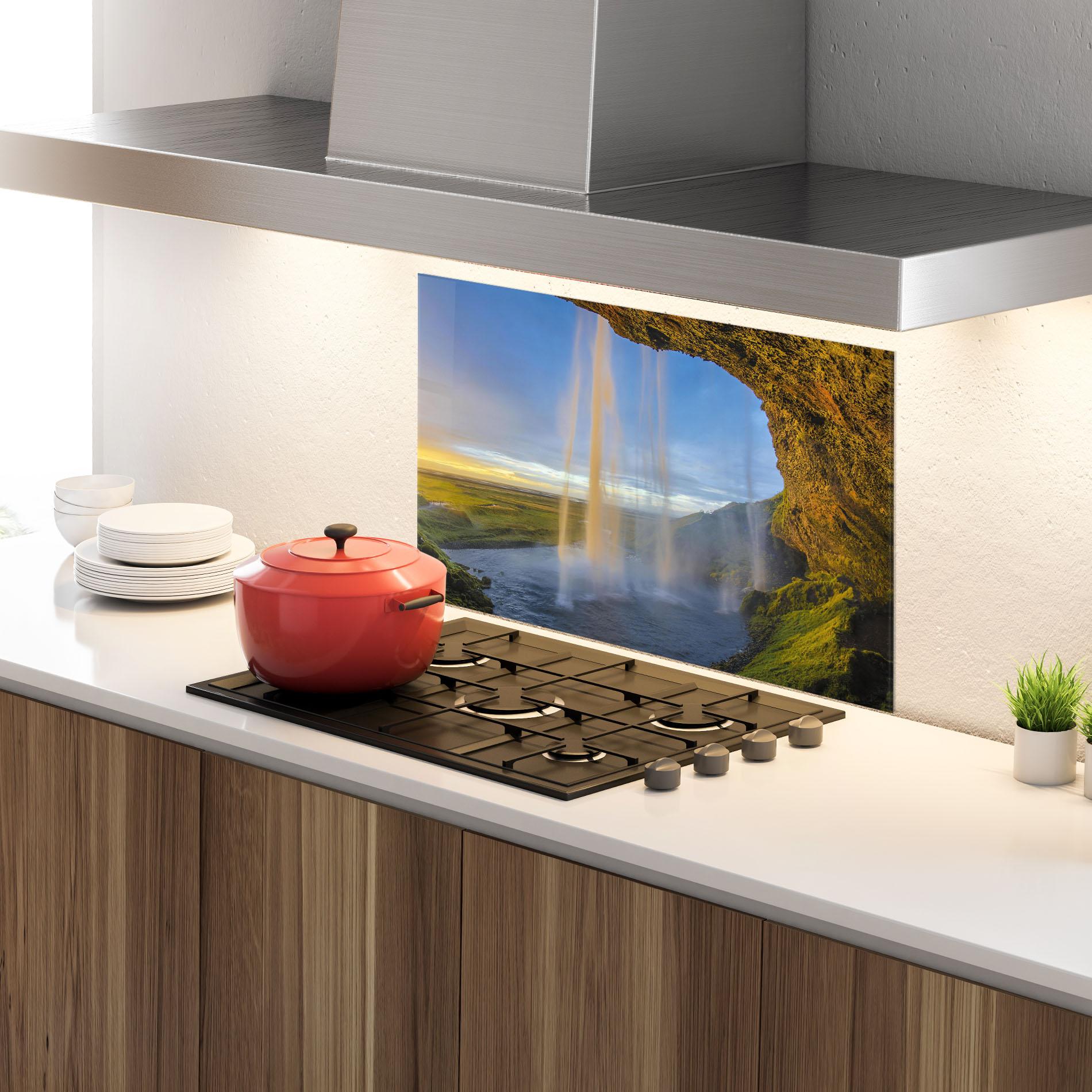 Konyhai üveg hátfal Orange Waterfall mockup 4