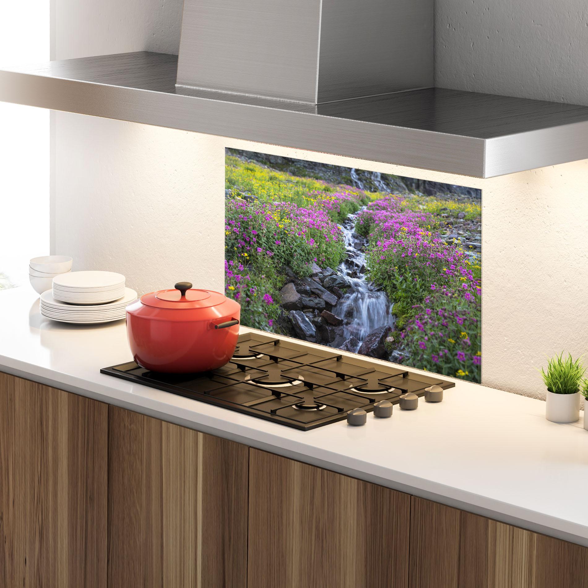 Konyhai üveg hátfal Purple Field Waterfall mockup 4