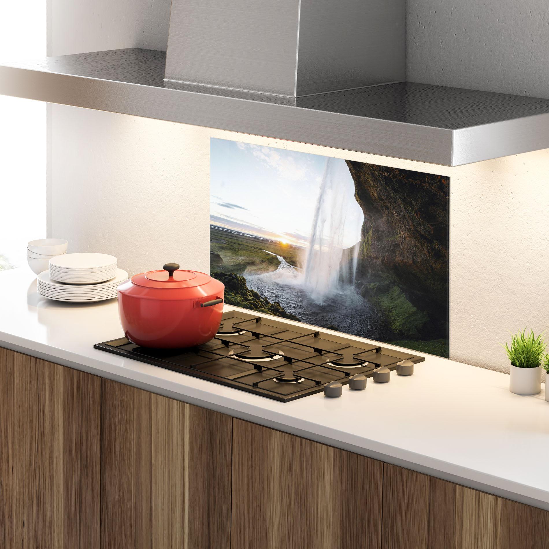 Konyhai üveg hátfal Sunrise Waterfall mockup 4