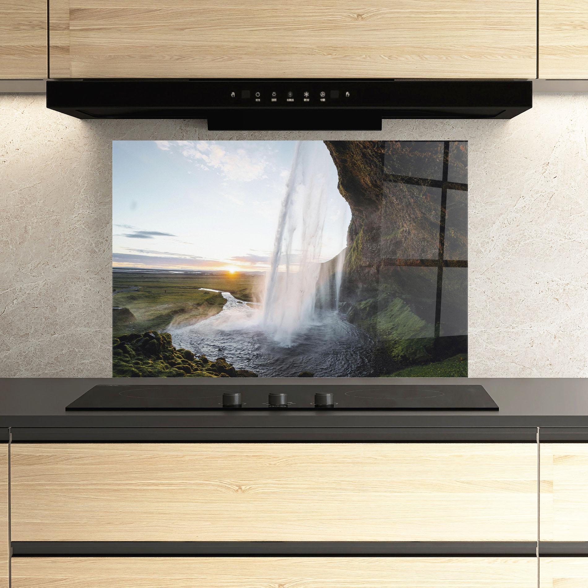 Konyhai üveg hátfal Sunrise Waterfall mockup 3