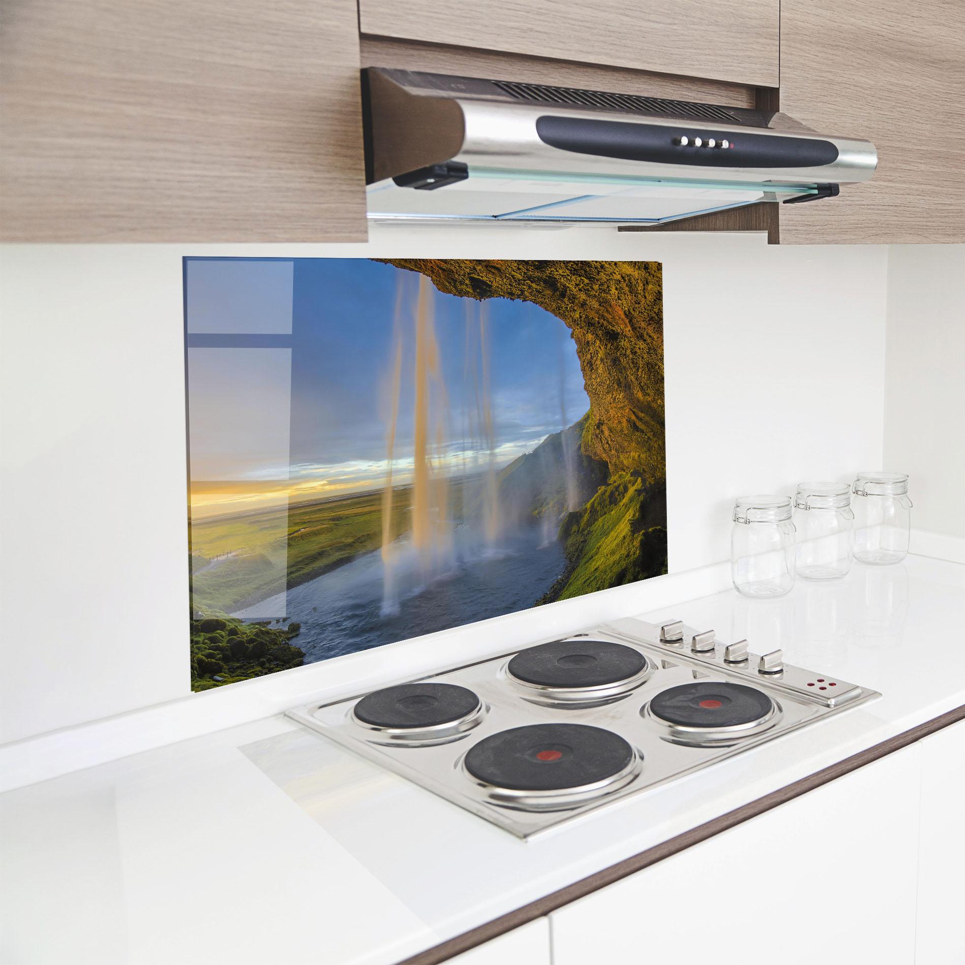 Konyhai üveg hátfal Orange Waterfall mockup 8