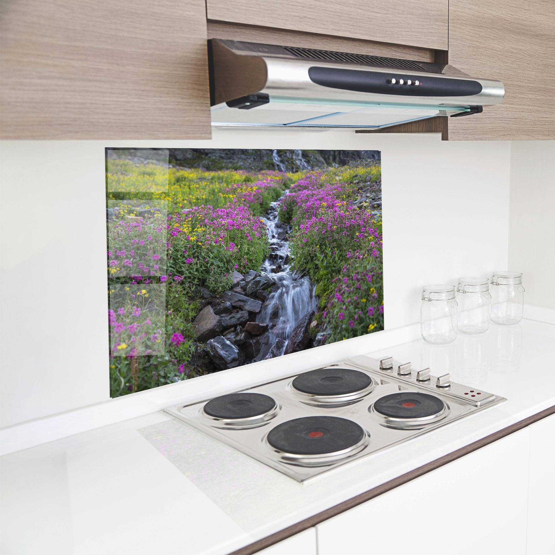Konyhai üveg hátfal Purple Field Waterfall mockup 8