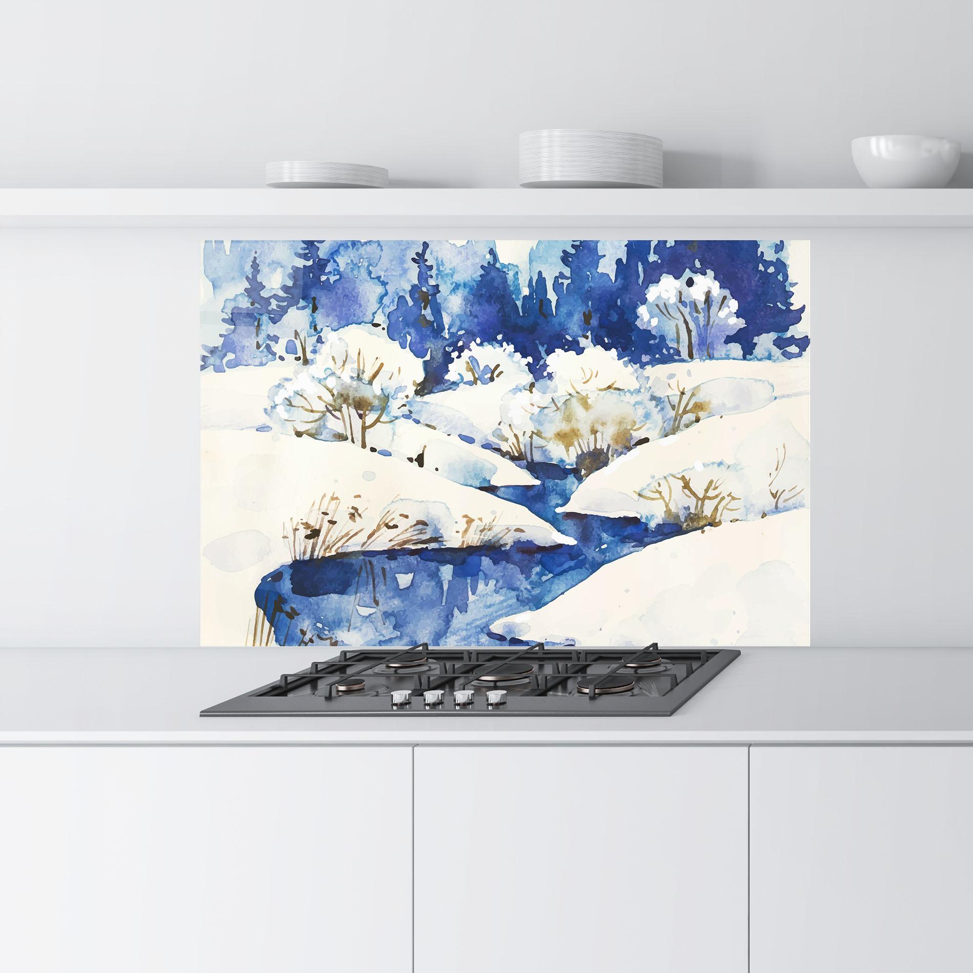 Konyhai üveg hátfal Blue Trees Winter mockup 9