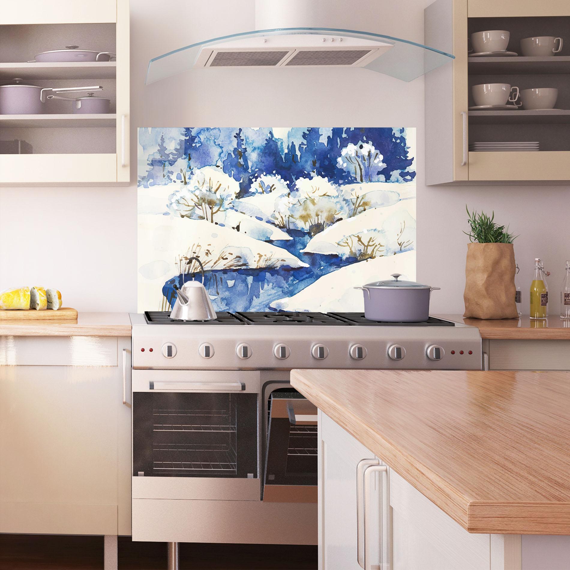 Konyhai üveg hátfal Blue Trees Winter mockup 1