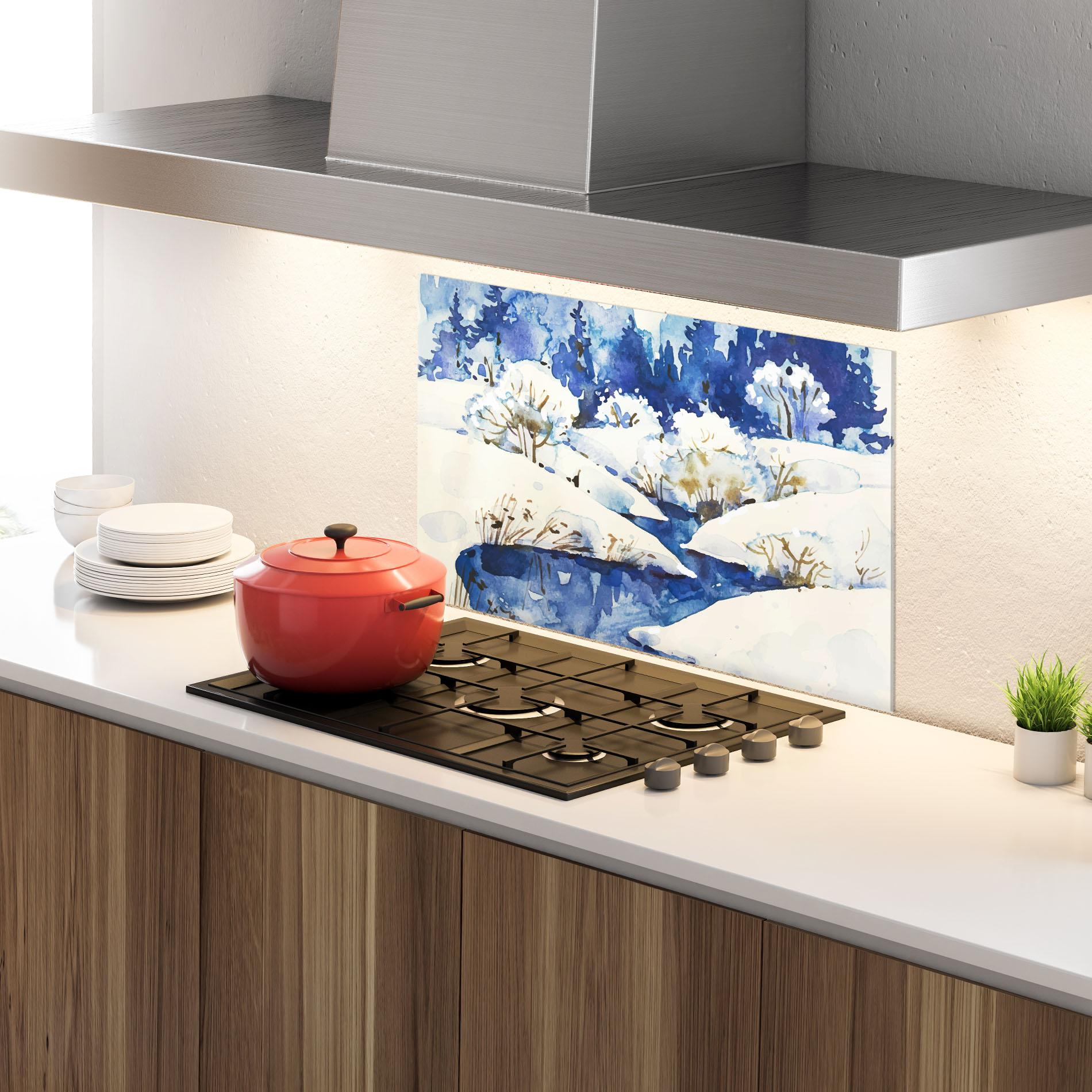 Konyhai üveg hátfal Blue Trees Winter mockup 4