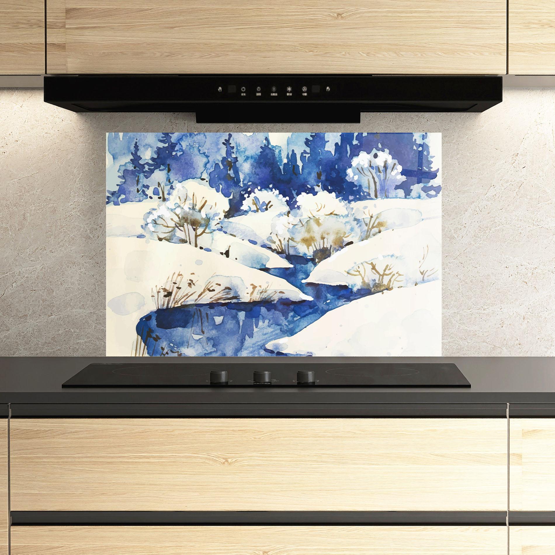 Konyhai üveg hátfal Blue Trees Winter mockup 3