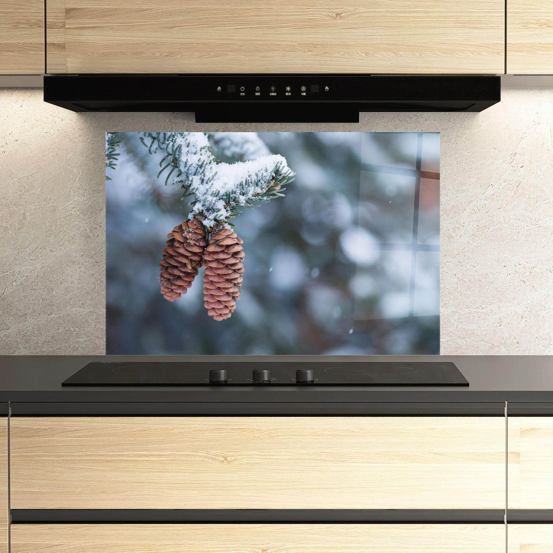 Konyhai üveg hátfal Winter Cones mockup 3