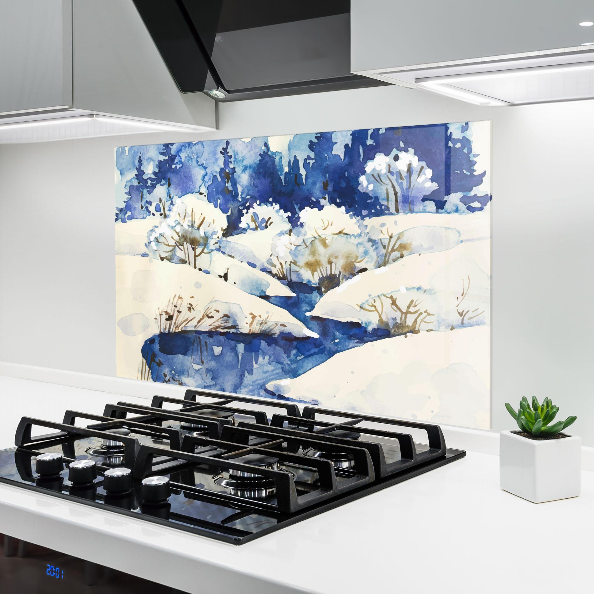 Konyhai üveg hátfal Blue Trees Winter mockup 6