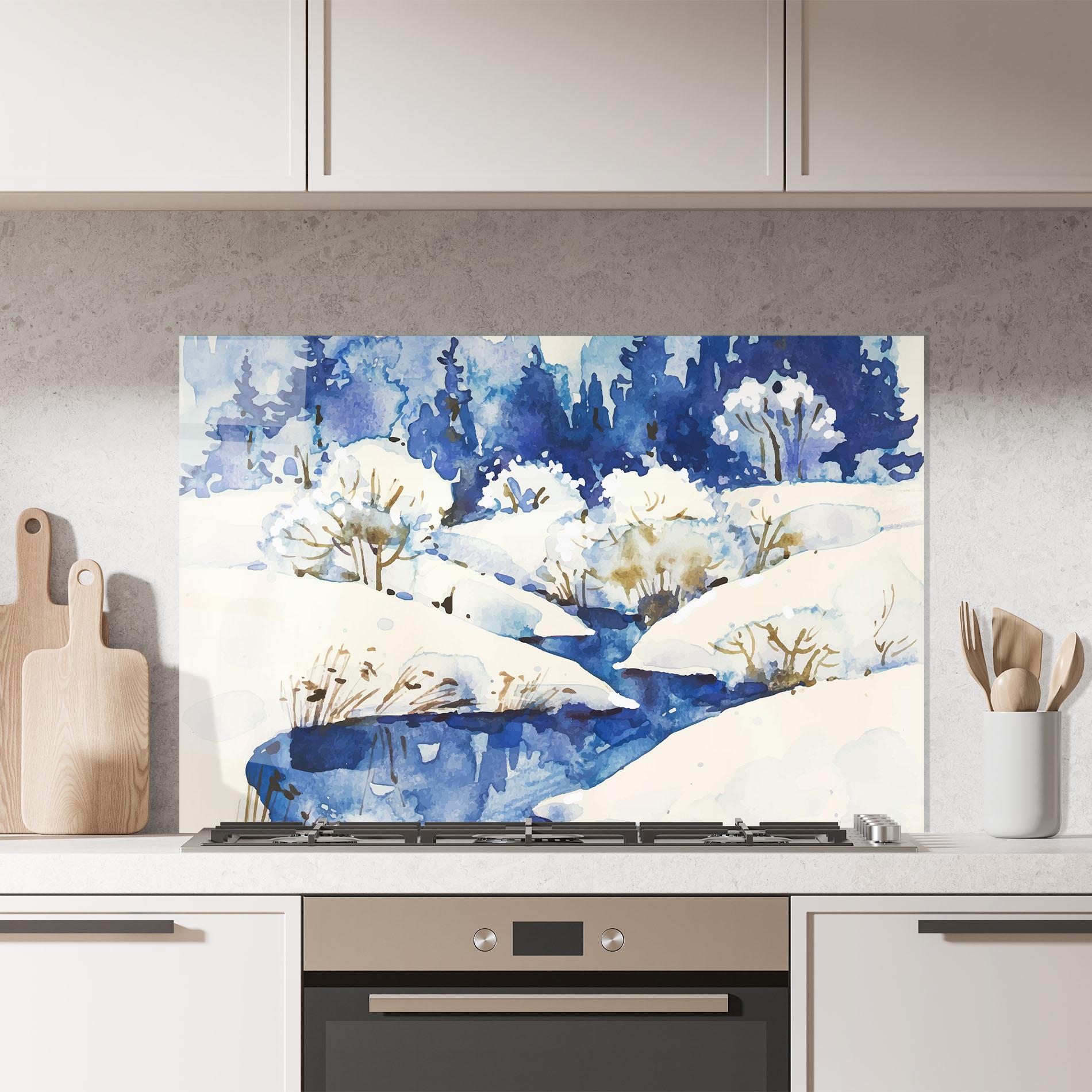 Konyhai üveg hátfal Blue Trees Winter mockup 7
