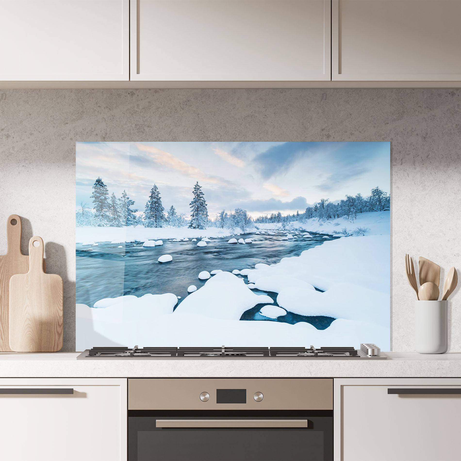 Konyhai üveg hátfal Winter River mockup 7