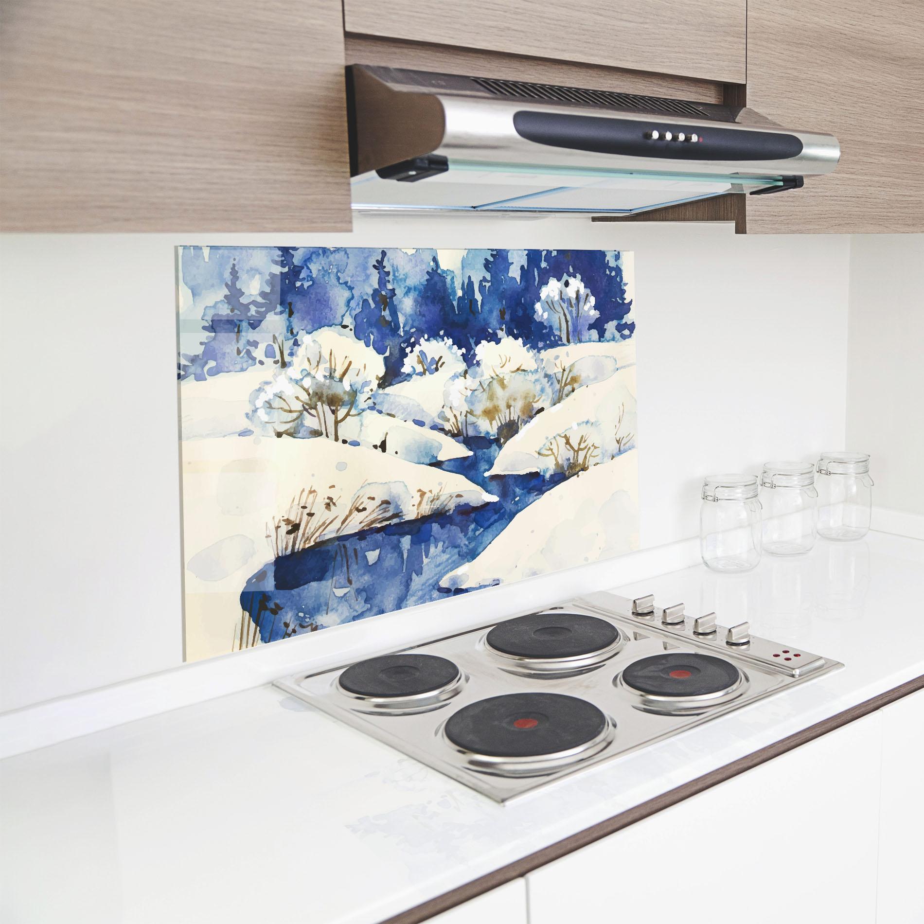 Konyhai üveg hátfal Blue Trees Winter mockup 8
