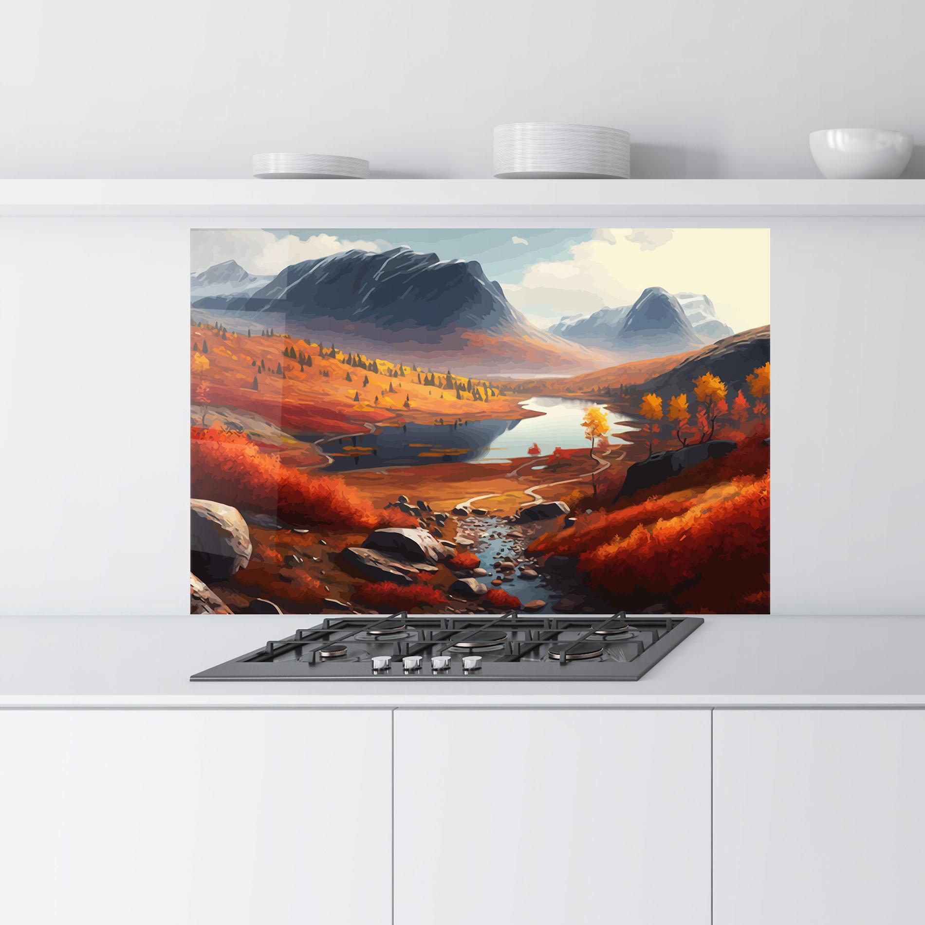 Konyhai üveg hátfal Autumn Field Lake mockup 9