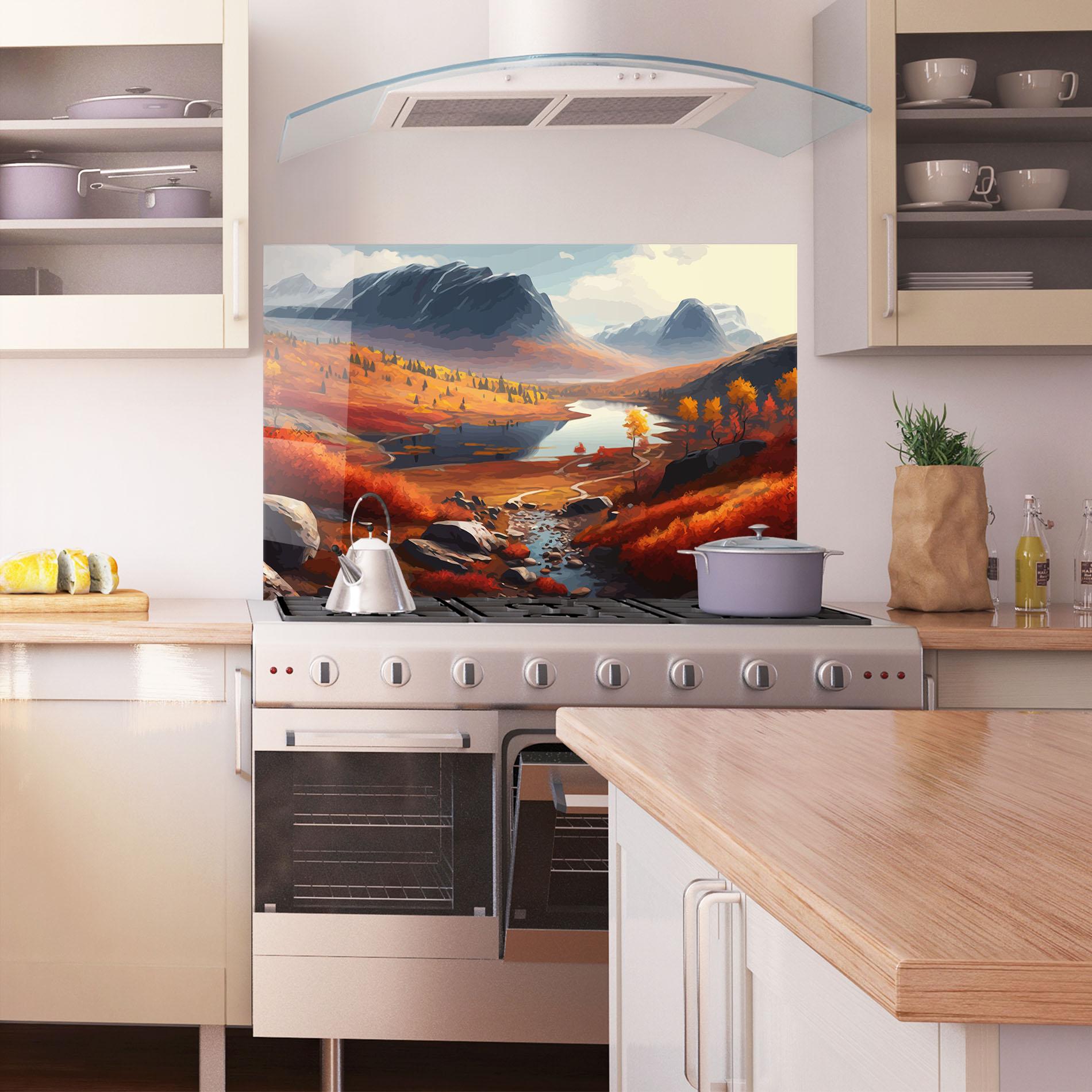 Konyhai üveg hátfal Autumn Field Lake mockup 1