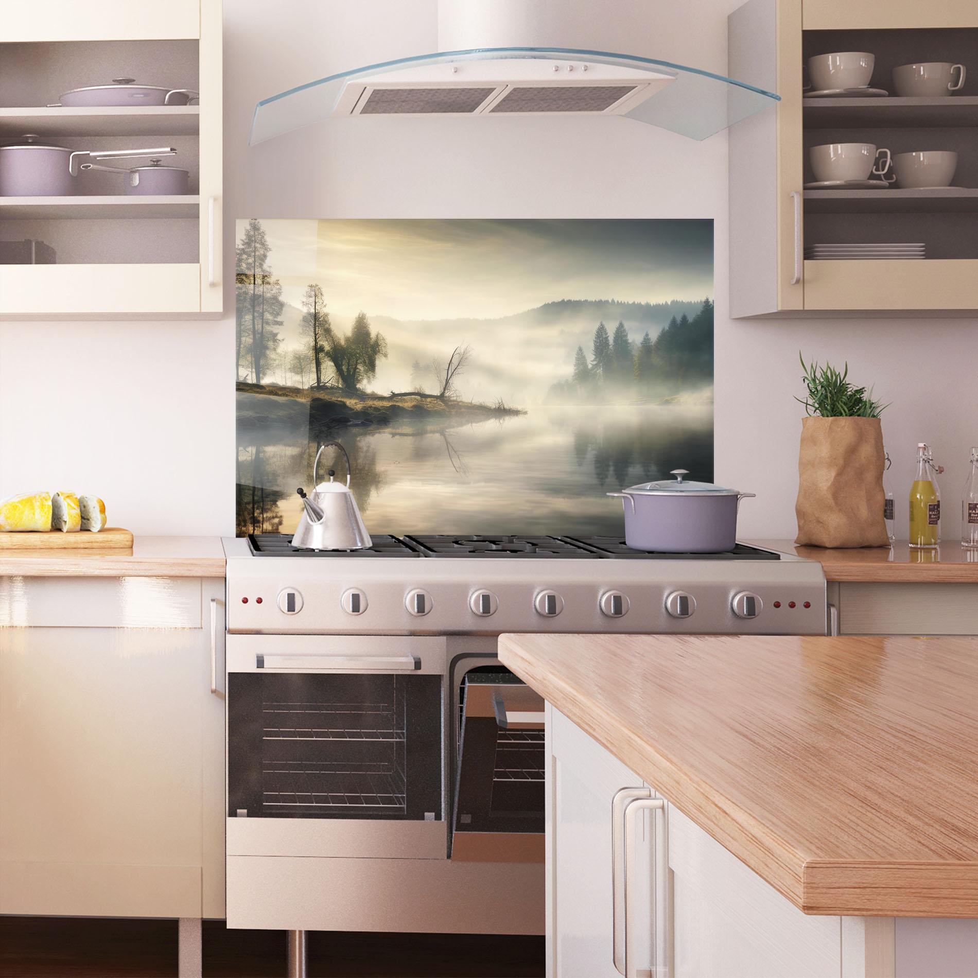 Konyhai üveg hátfal Foggy Morning mockup 1