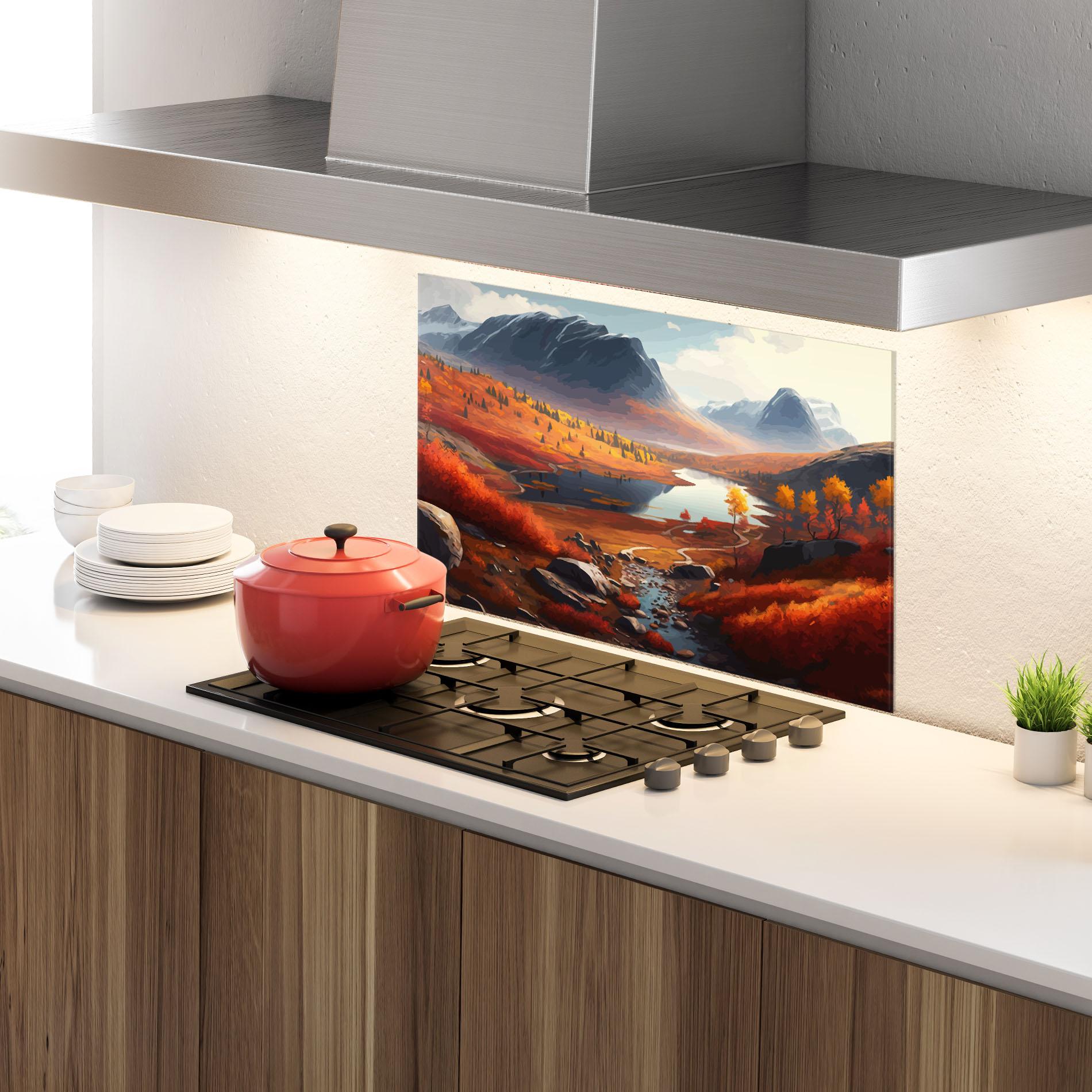 Konyhai üveg hátfal Autumn Field Lake mockup 4