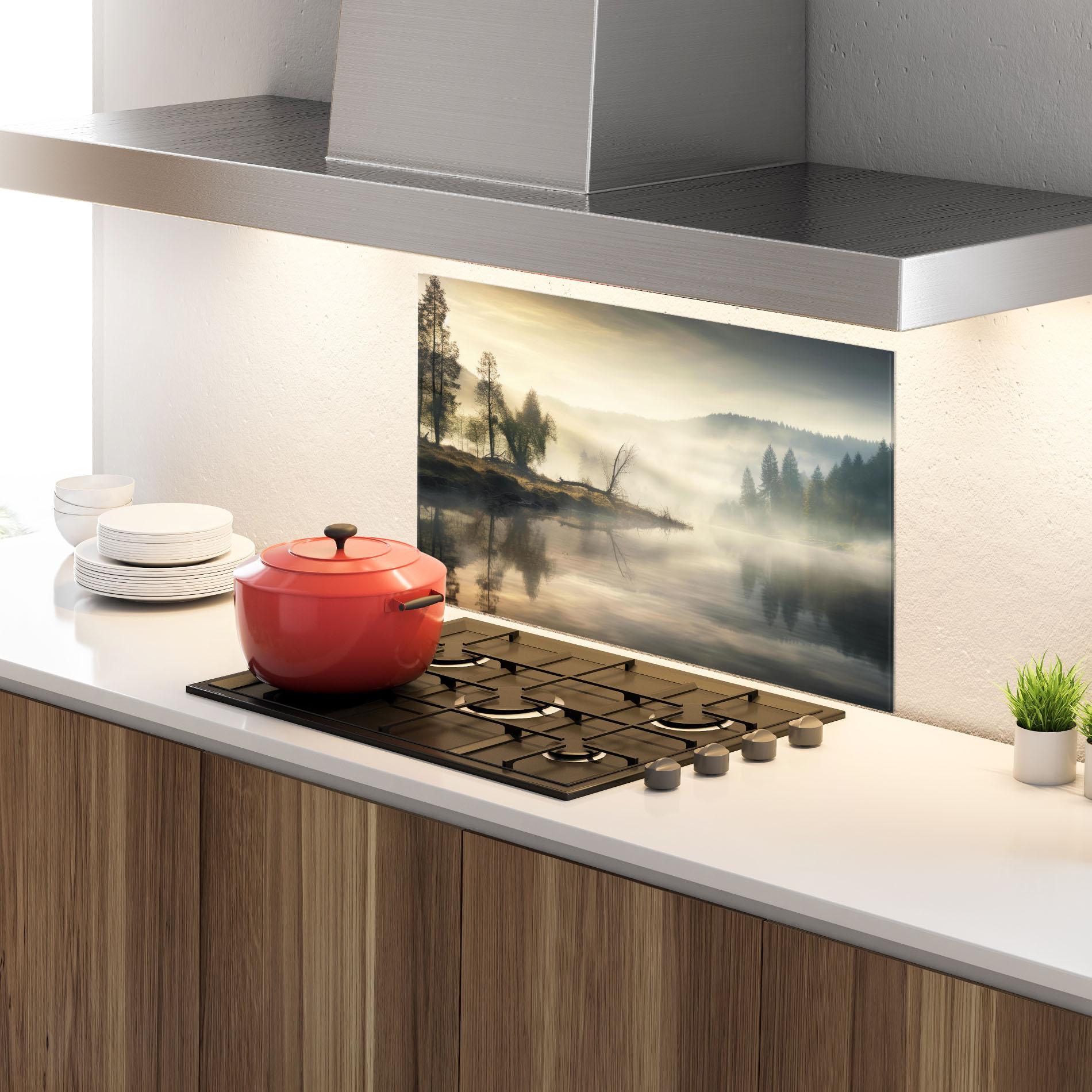 Konyhai üveg hátfal Foggy Morning mockup 4