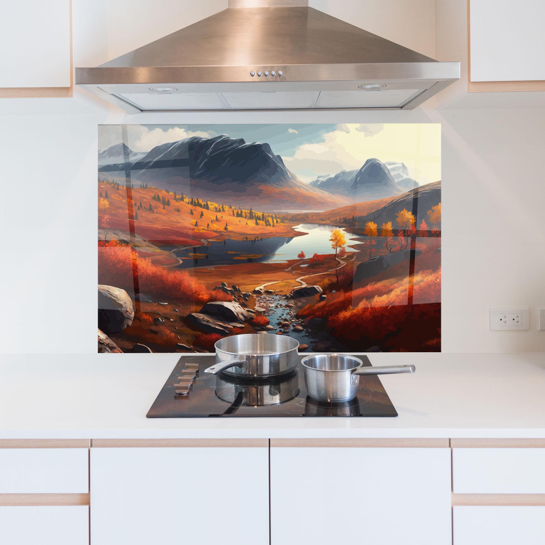 Konyhai üveg hátfal Autumn Field Lake mockup 5