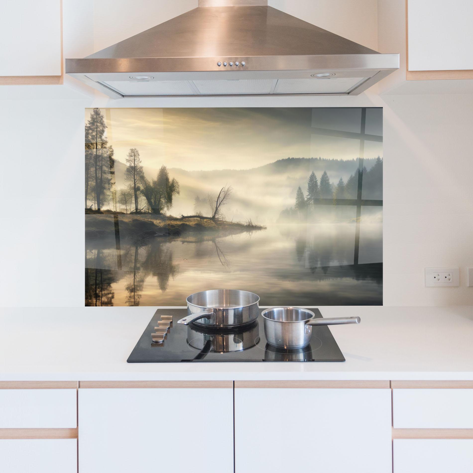 Konyhai üveg hátfal Foggy Morning mockup 5