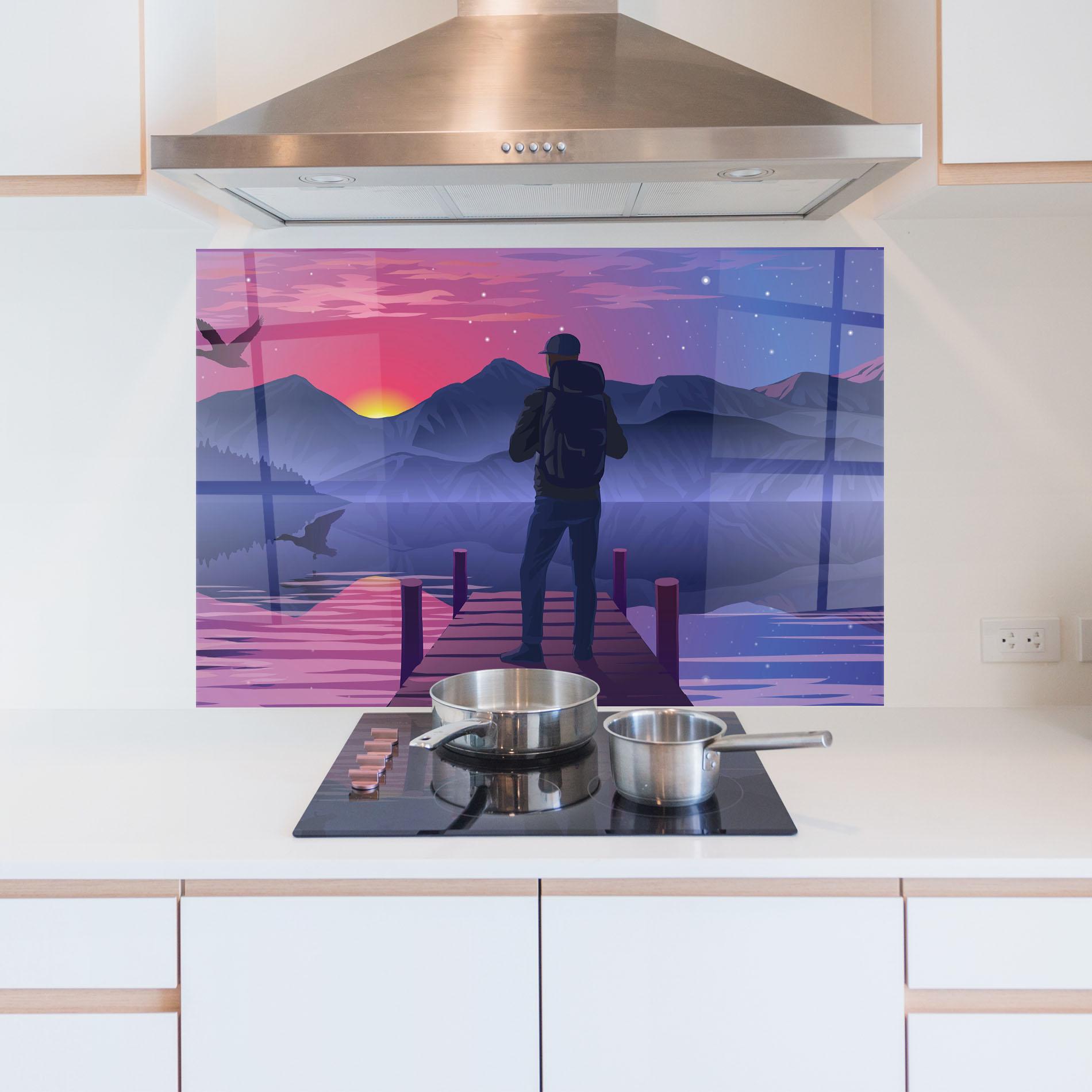 Konyhai üveg hátfal Lake Pink Night mockup 5