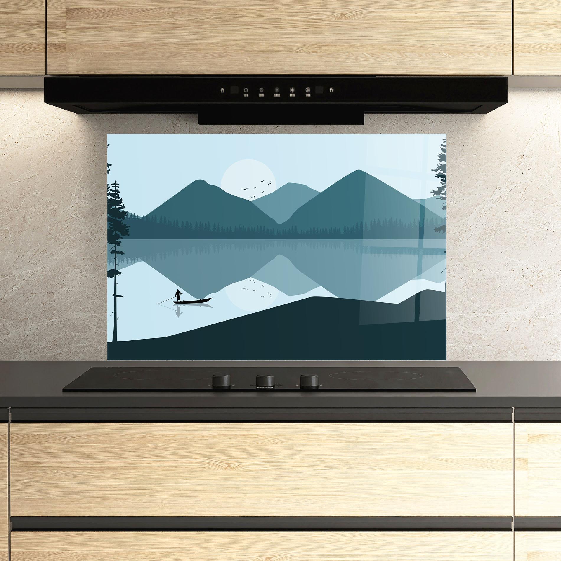 Konyhai üveg hátfal Blue Light Lake mockup 3