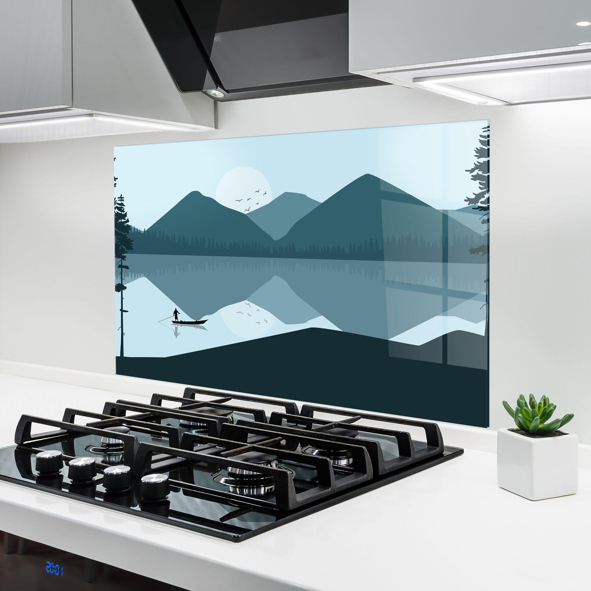 Konyhai üveg hátfal Blue Light Lake mockup 6