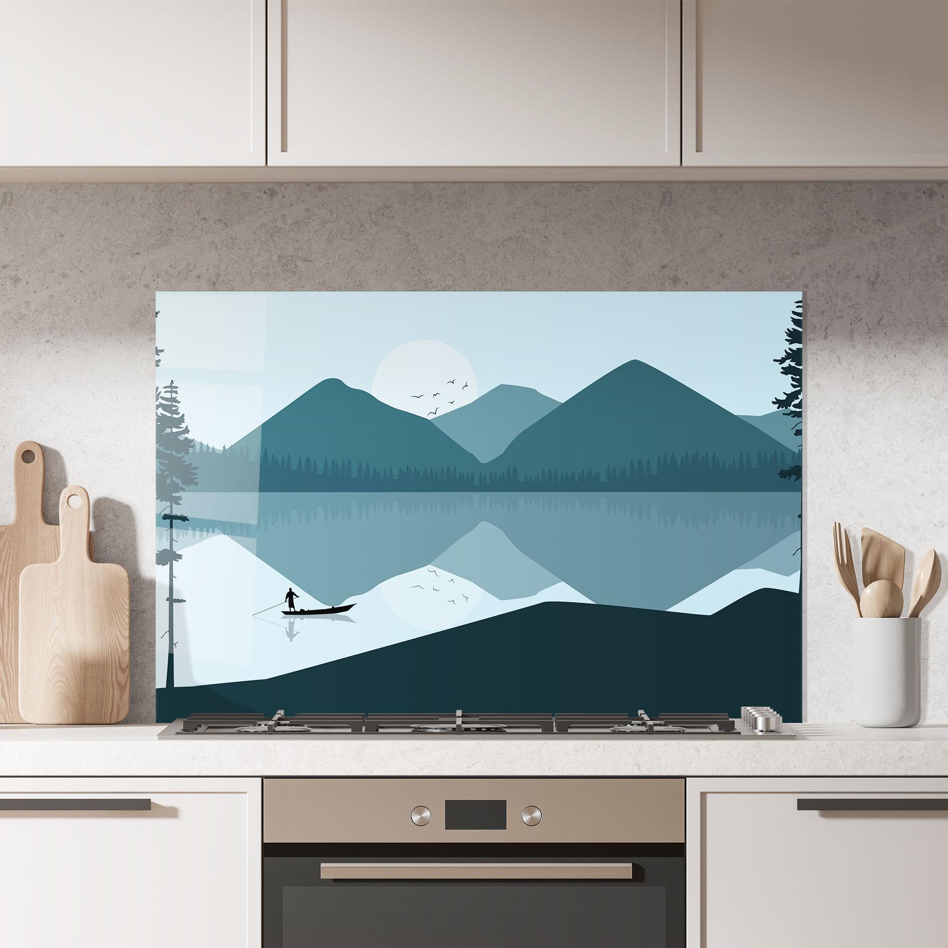 Konyhai üveg hátfal Blue Light Lake mockup 7