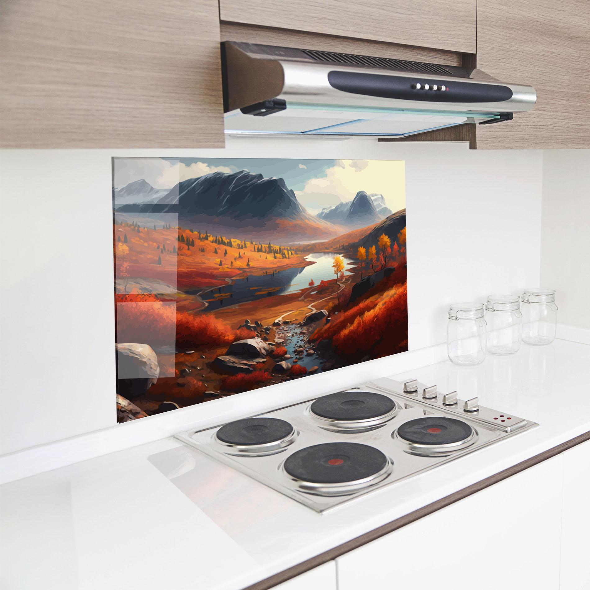 Konyhai üveg hátfal Autumn Field Lake mockup 8